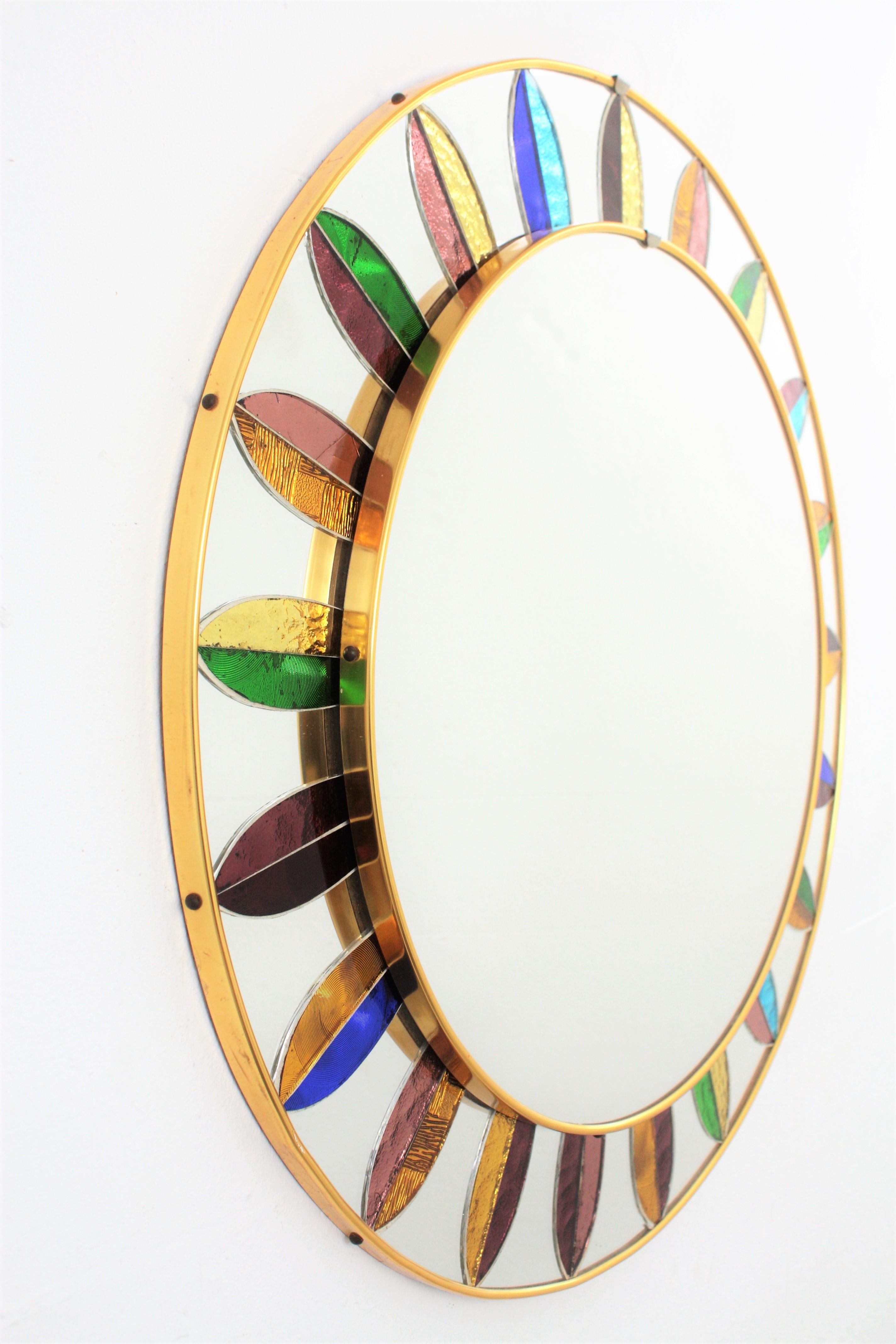 Silvered Spanish Mid-20th Century Round Mirror Framed with Multicolored Mirrored Glasses