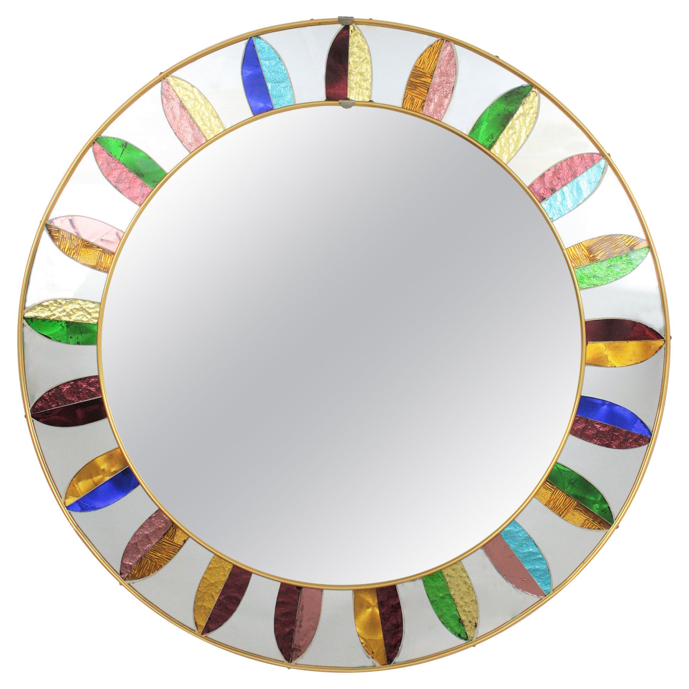 Spanish Mid-20th Century Round Mirror Framed with Multicolored Mirrored Glasses