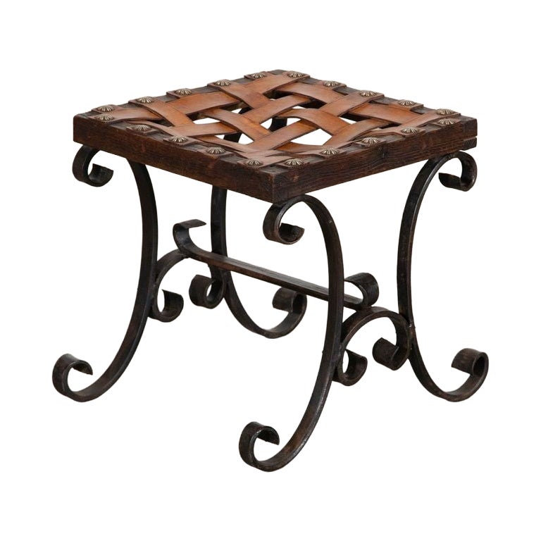 Spanish Mid 20thC Brutalist Wrought Iron & Leather Stool For Sale