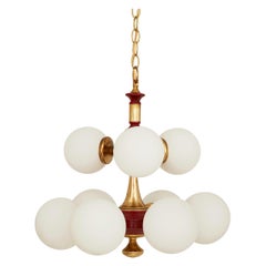 Spanish Midcentury Brass Chandelier with Red Details