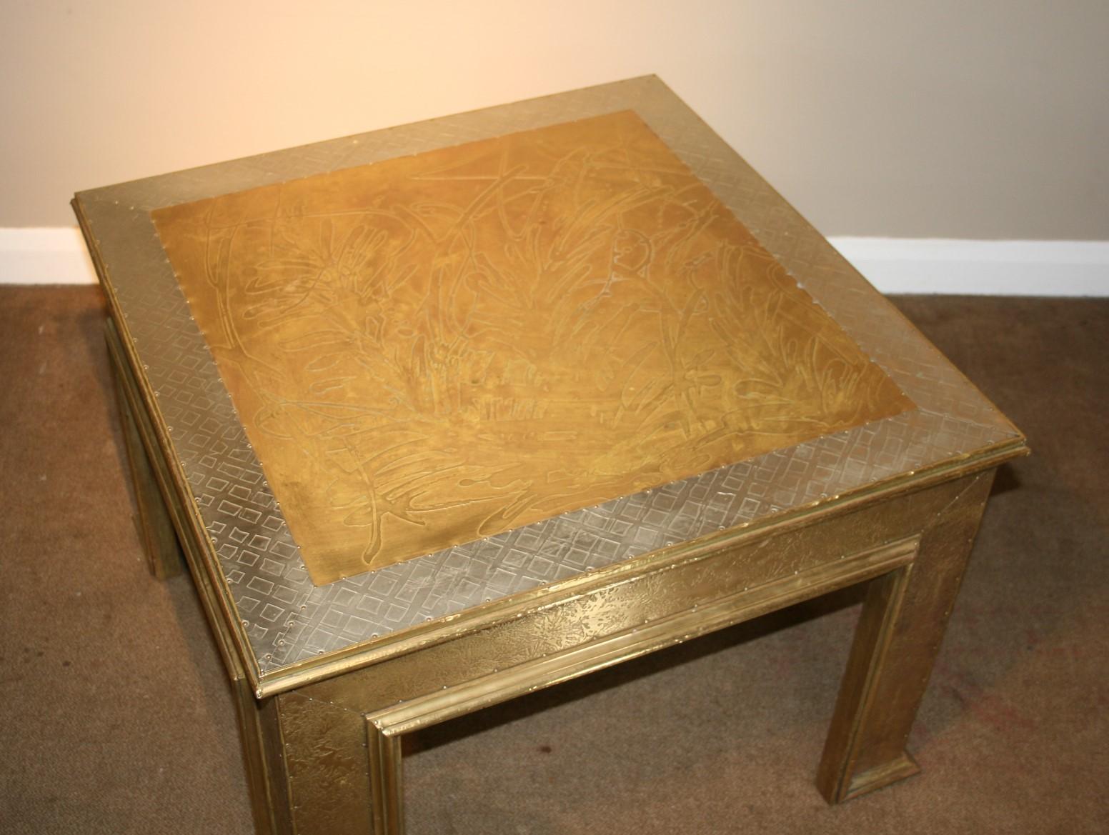 A stylish low etched Spanish coffee table in mixed metals. Designed and signed by Rudolfo Dubarry who settled in Marbella, Spain in the late 1960s.