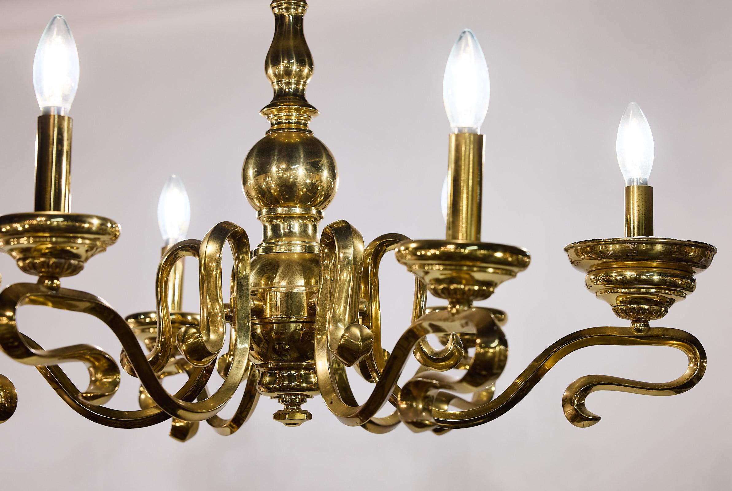 Spanish Mid-Century Brass Six Arm Chandelier In Good Condition For Sale In Atlanta, GA