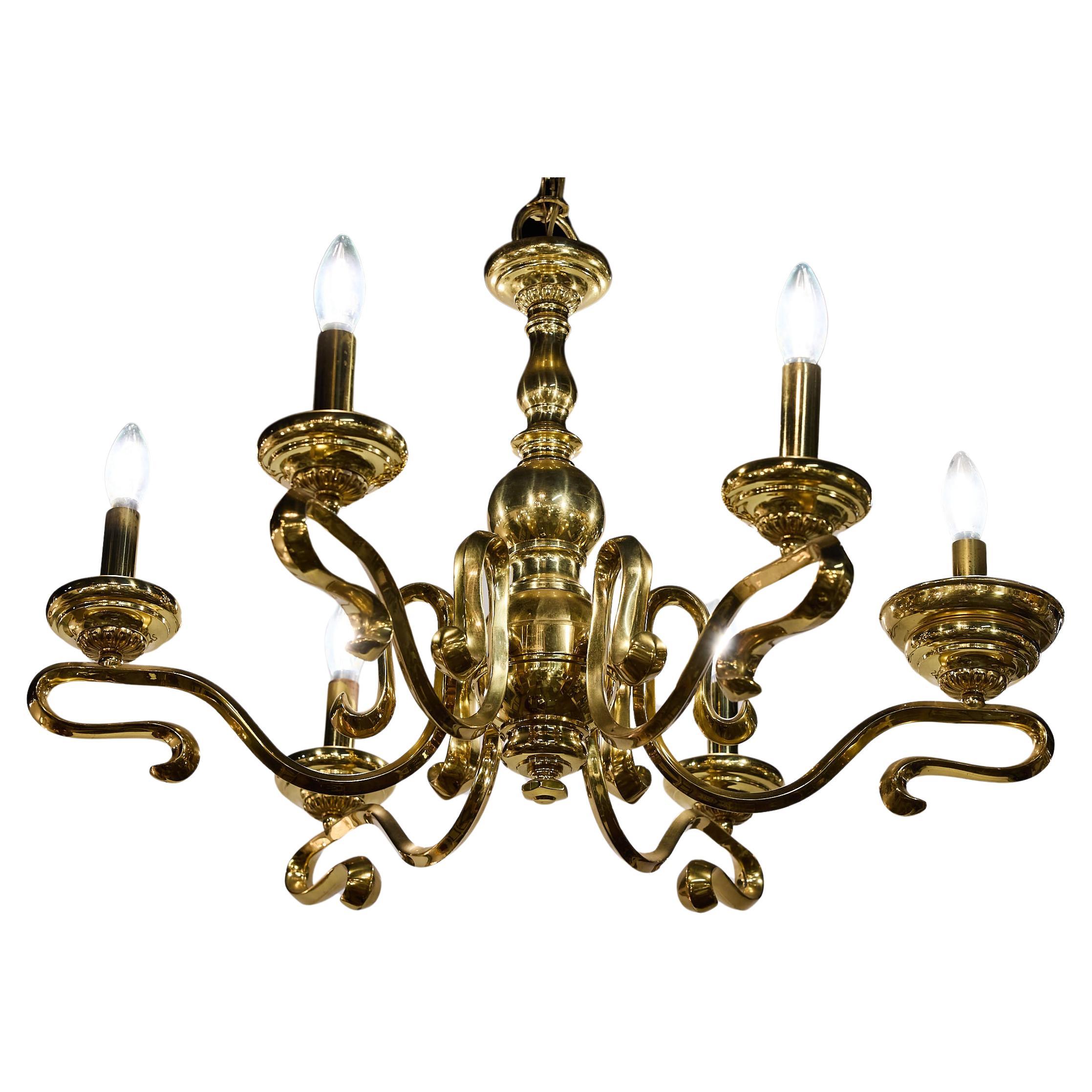 Spanish Mid-Century Brass Six Arm Chandelier For Sale