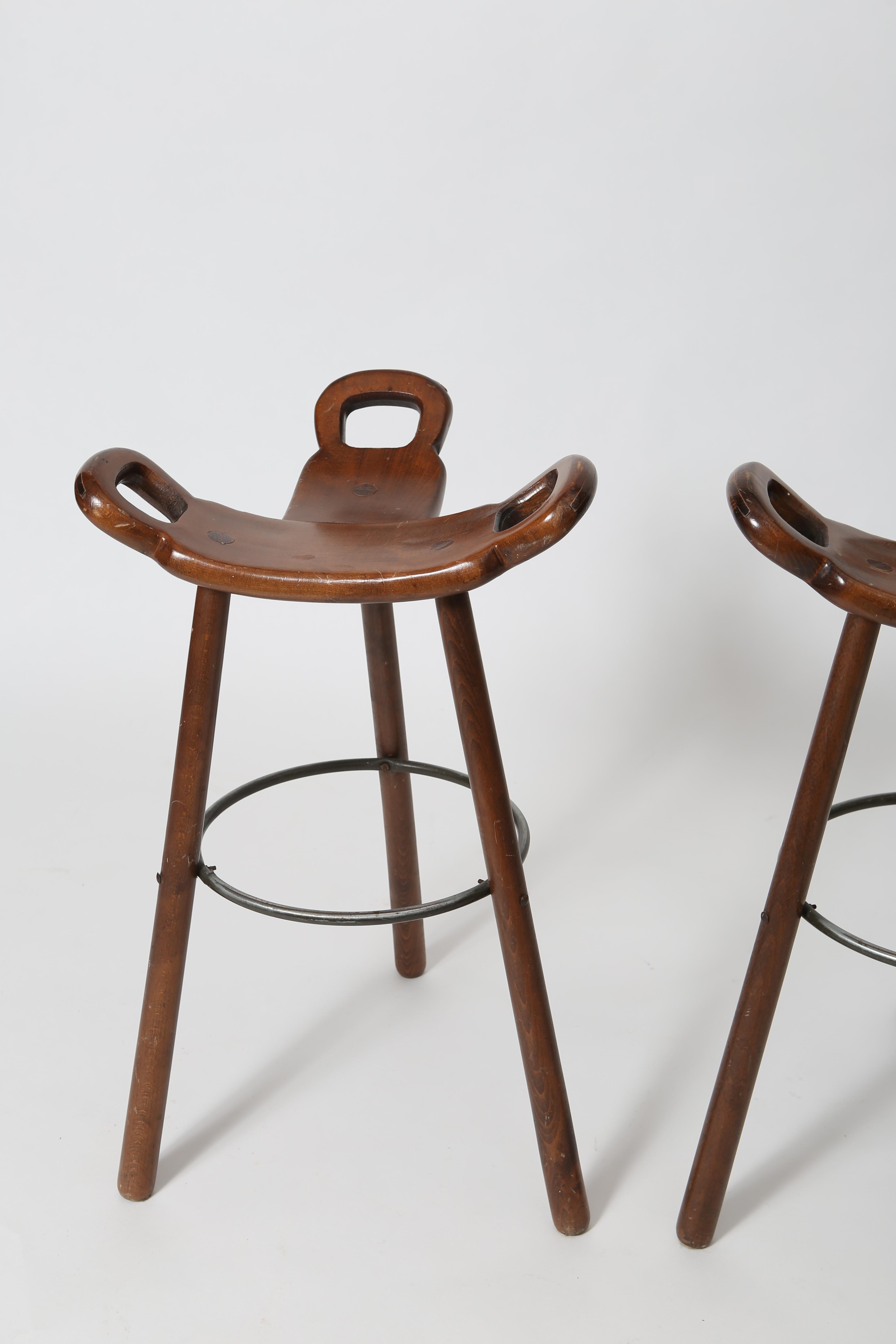 Stained Spanish Midcentury Brutalist Barstools, a Pair For Sale