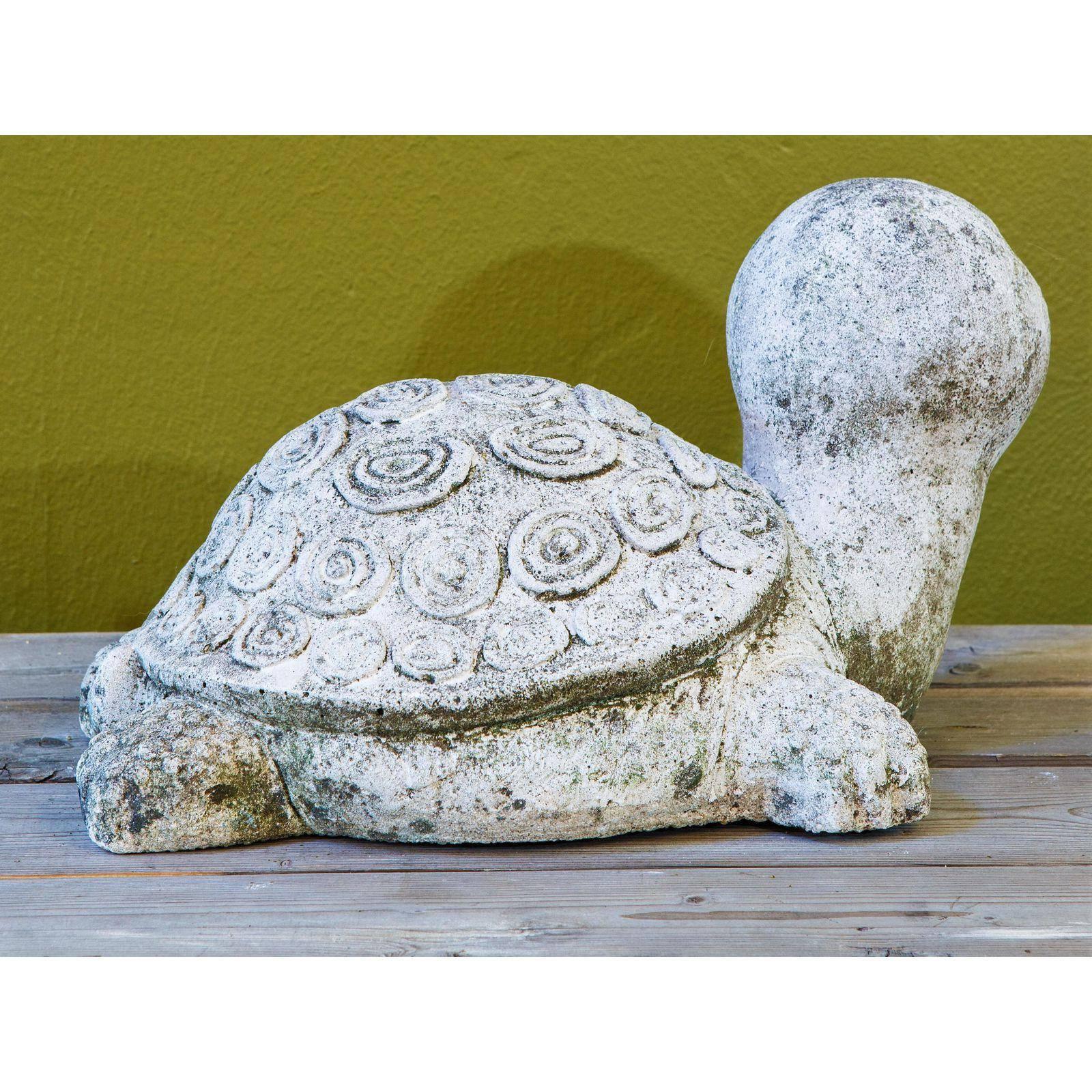 Heavy, vintage midcentury garden sculpture of a turtle from Spain. Was originally used as a fountain. Stamped on the side with label. Wonderful relief, texture and patina.