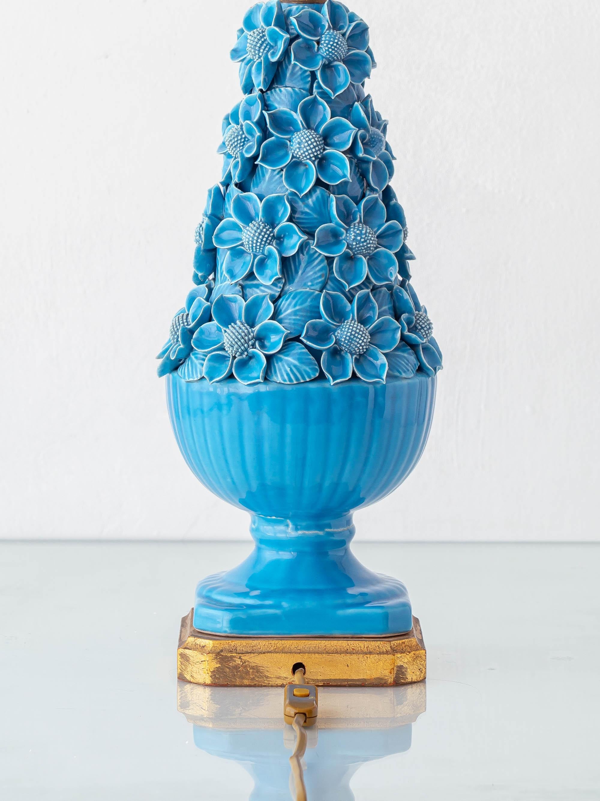 Spanish Mid-Century Manises Turquoise Glazed Ceramic Floral Table Lamp For Sale 5