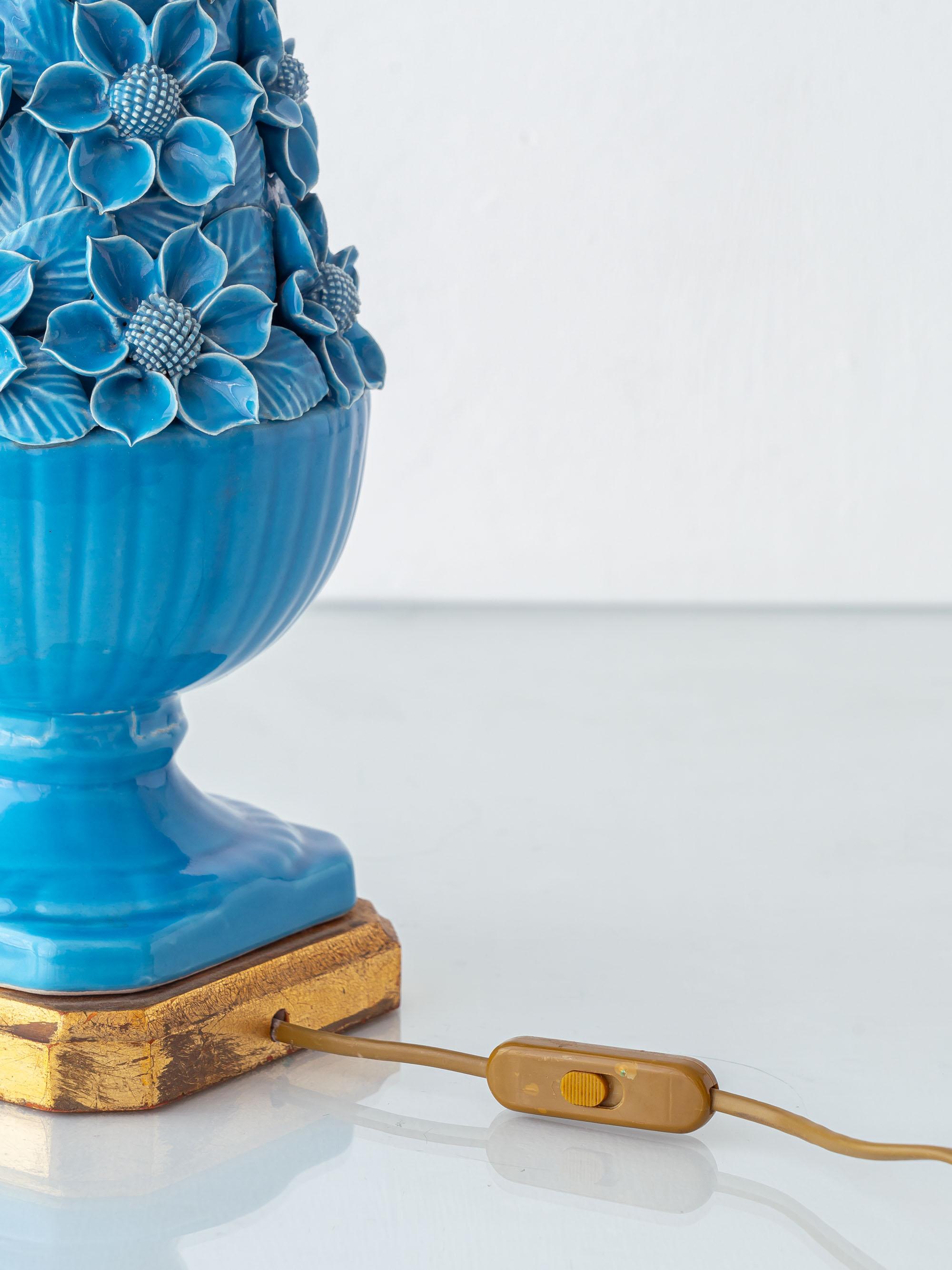 Spanish Mid-Century Manises Turquoise Glazed Ceramic Floral Table Lamp For Sale 8