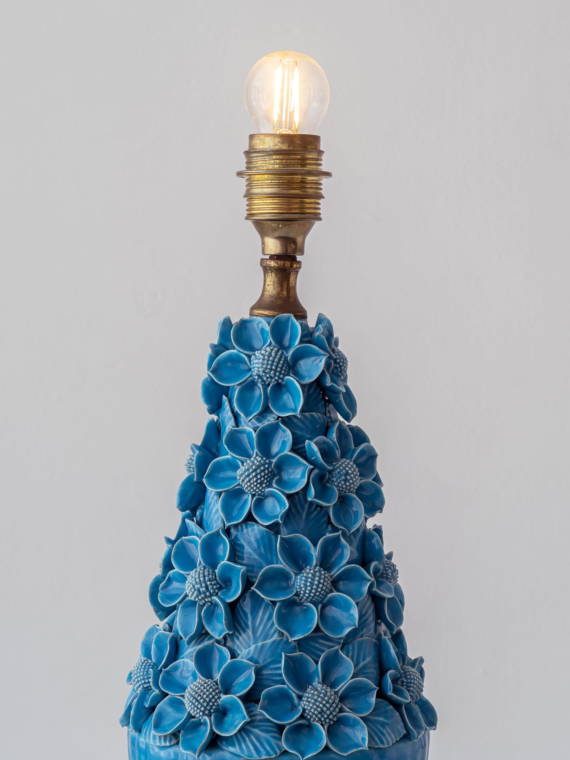 Spanish Mid-Century Manises Turquoise Glazed Ceramic Floral Table Lamp For Sale 9