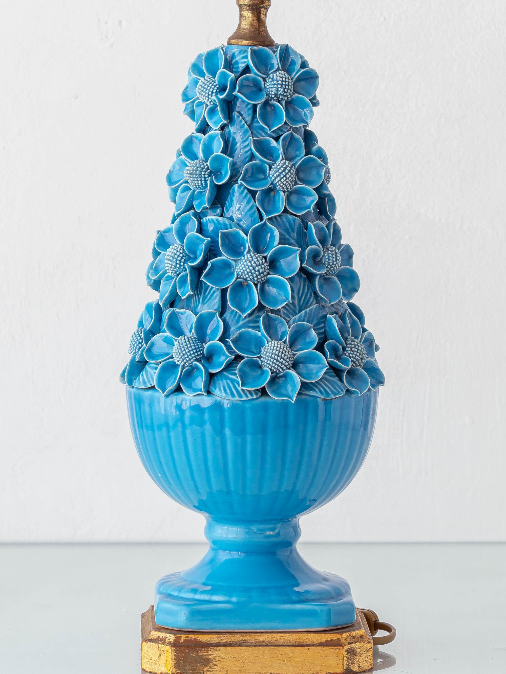 Spanish Mid-Century Manises Turquoise Glazed Ceramic Floral Table Lamp For Sale 4