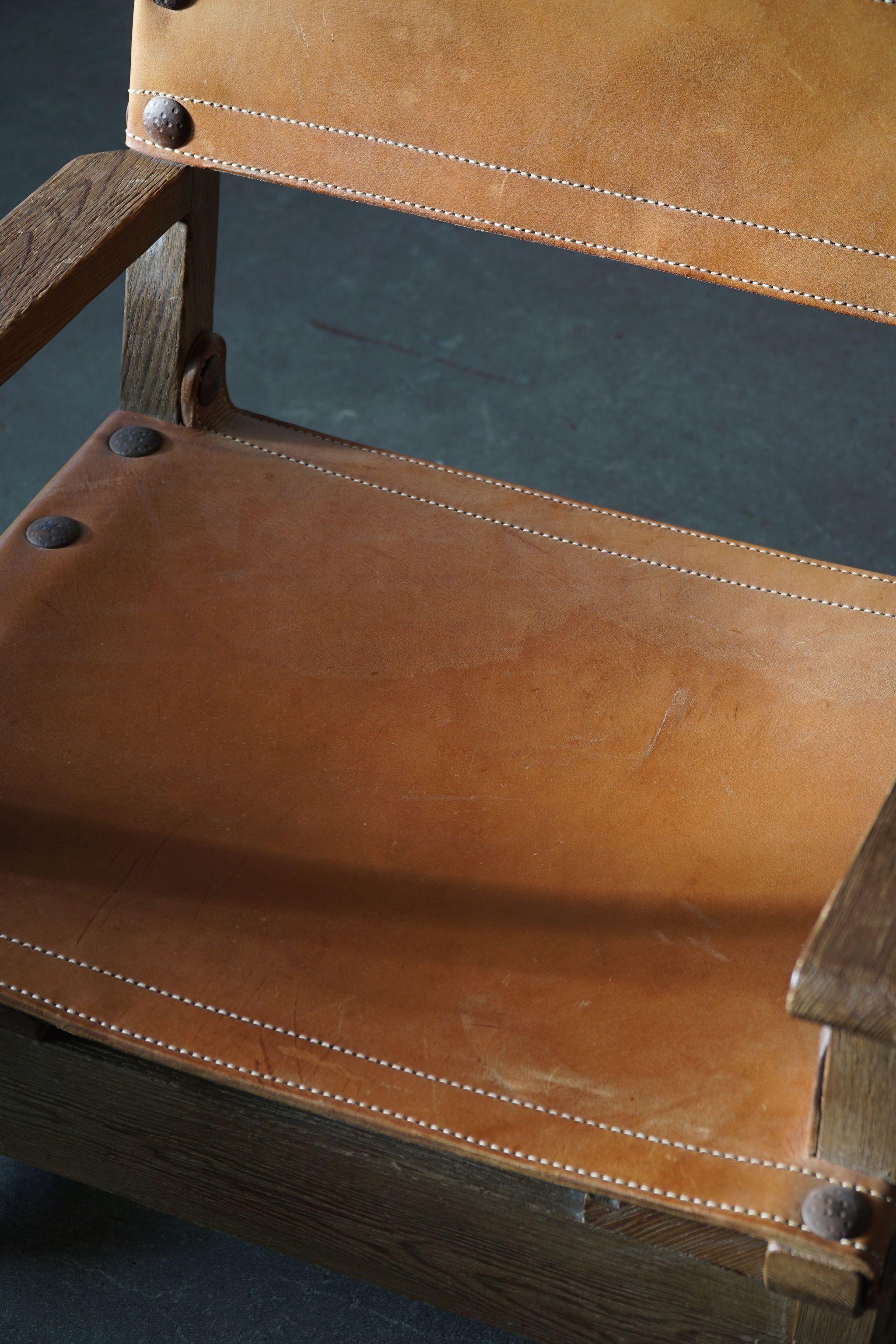 Spanischer brutalistischer Mid-Century-Modern-Sessel aus Eiche und cognacfarbenem Leder, 1960er Jahre im Angebot 8