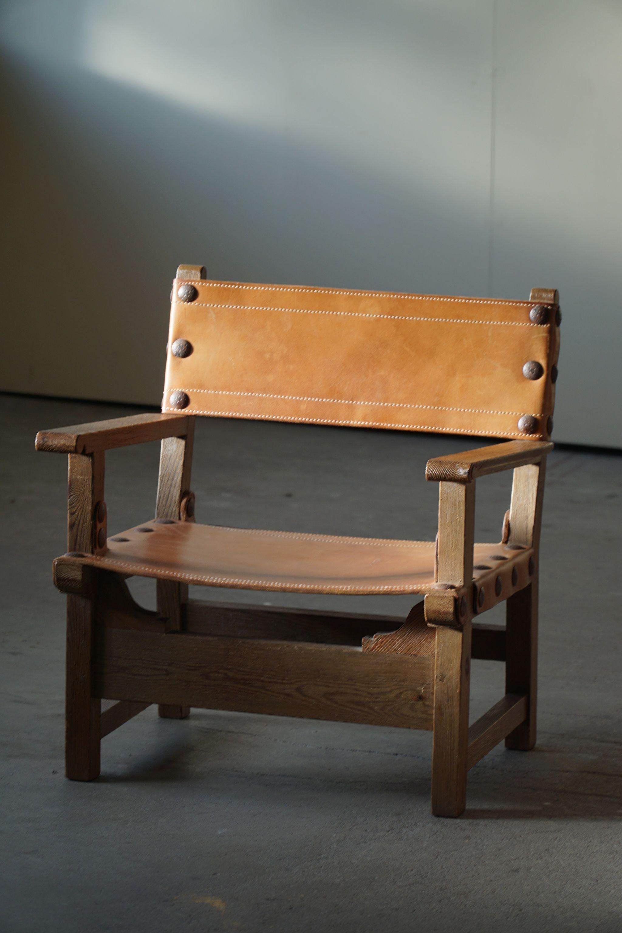 Spanischer brutalistischer Mid-Century-Modern-Sessel aus Eiche und cognacfarbenem Leder, 1960er Jahre im Angebot 10