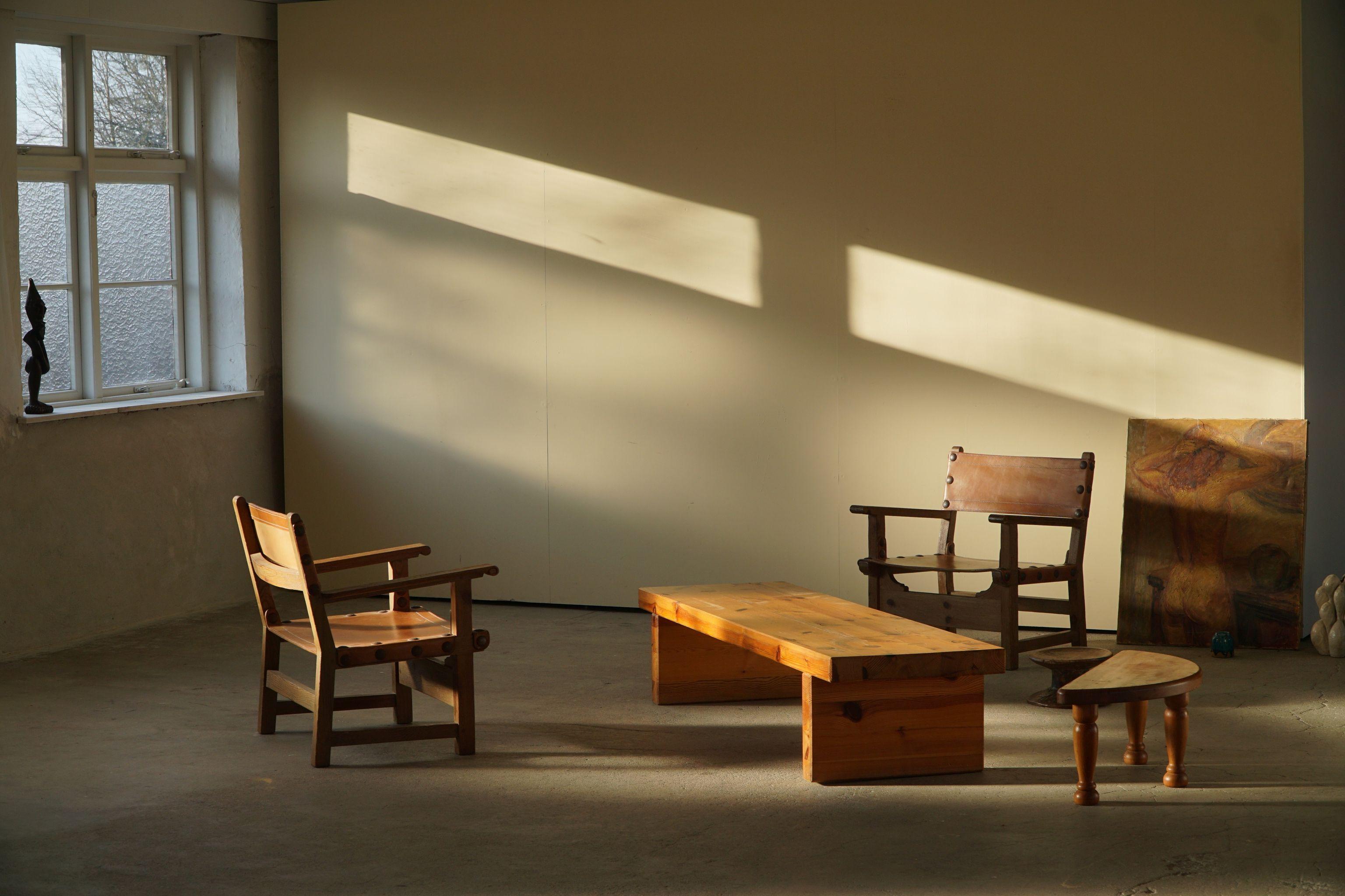 Spanish Mid-Century Modern, a Brutalist Armchair in Oak & Cognac Leather, 1960s For Sale 3