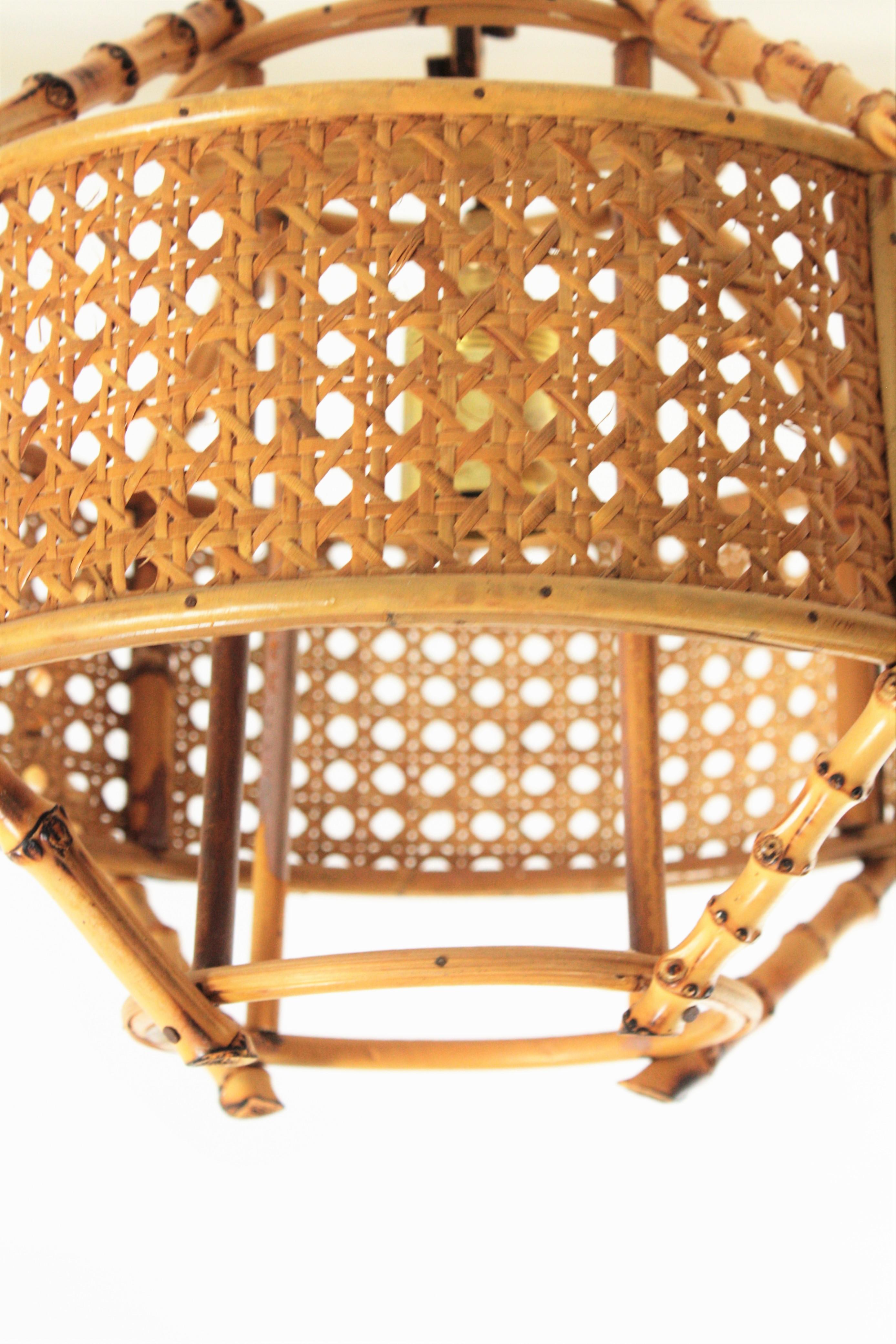 Spanish Mid-Century Modern Bamboo Rattan & Wicker Pendant Lamp with Tiki Accents 2