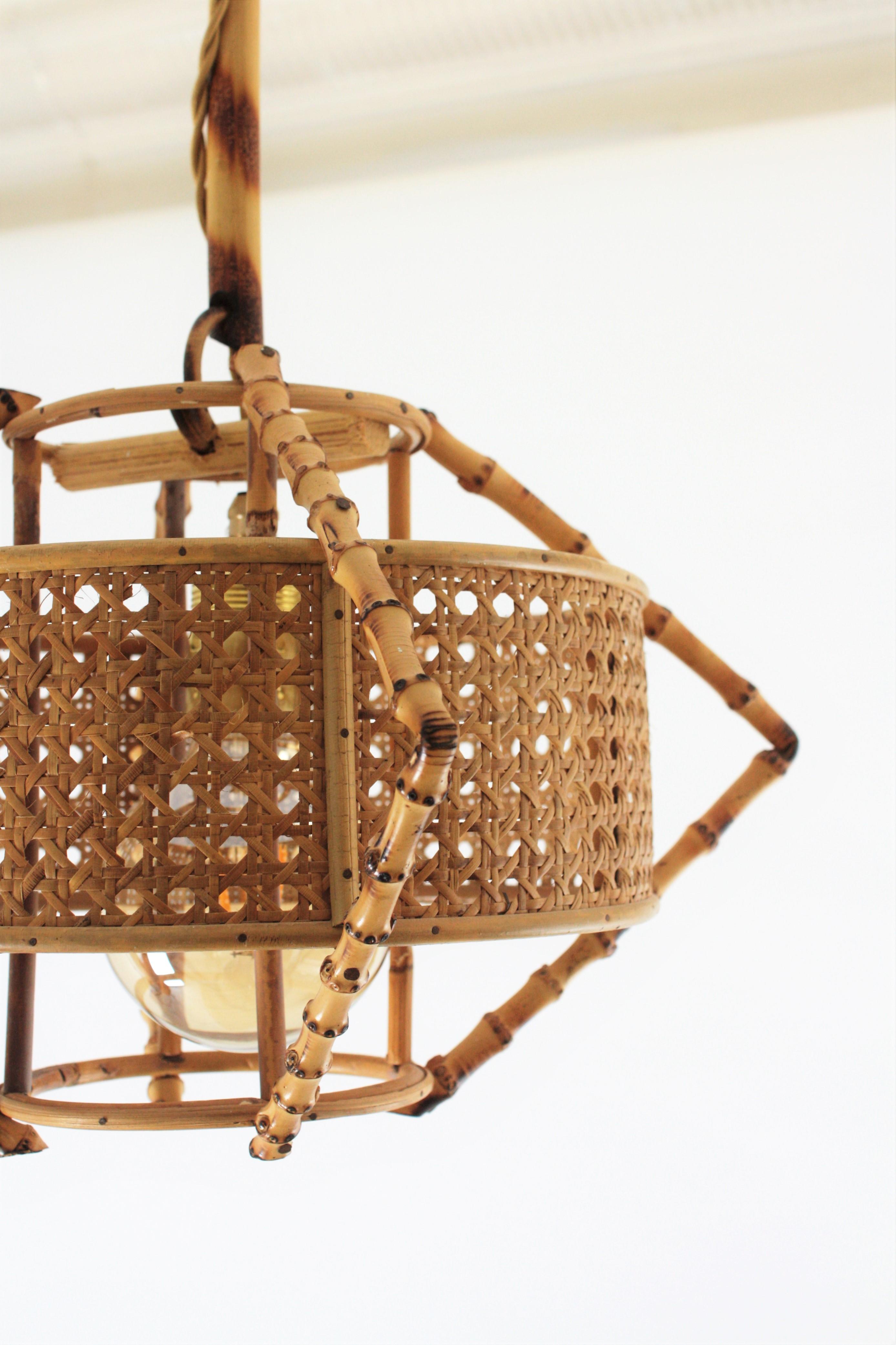 Spanish Mid-Century Modern Bamboo Rattan & Wicker Pendant Lamp with Tiki Accents 4