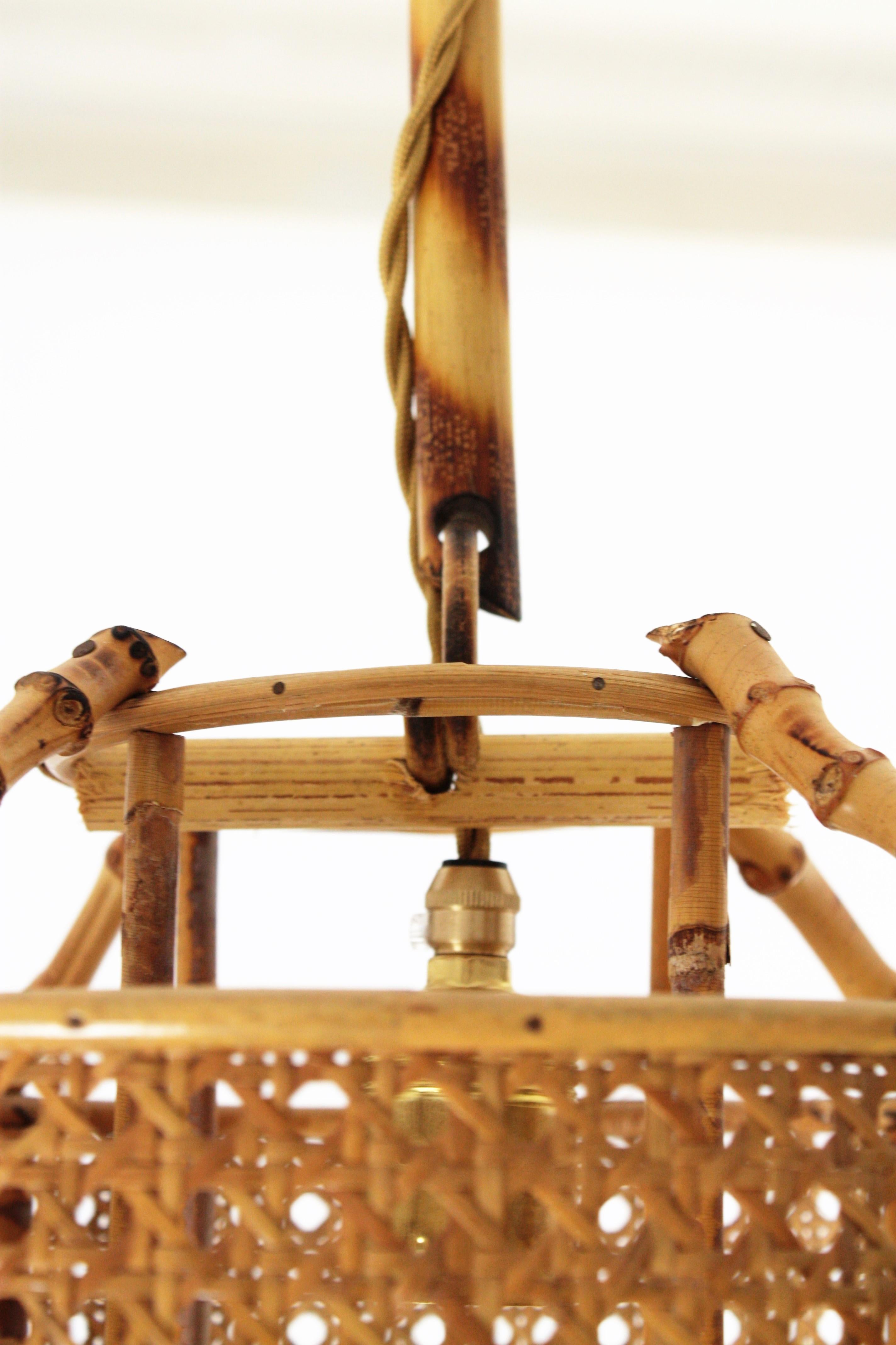 Spanish Mid-Century Modern Bamboo Rattan & Wicker Pendant Lamp with Tiki Accents 5