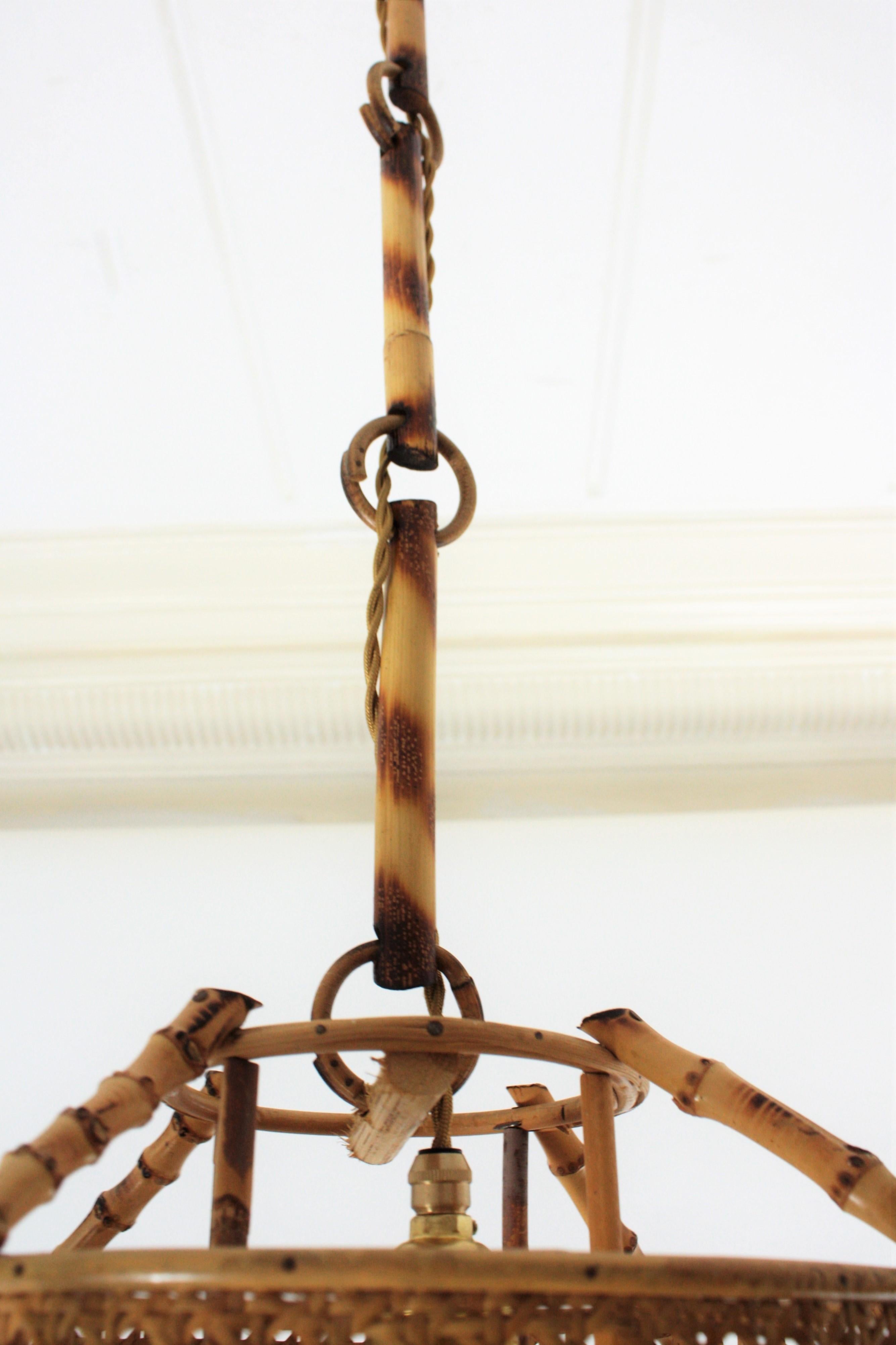 Spanish Mid-Century Modern Bamboo Rattan & Wicker Pendant Lamp with Tiki Accents 6