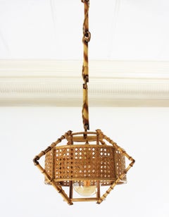 Spanish Mid-Century Modern Bamboo Rattan & Wicker Pendant Lamp with Tiki Accents