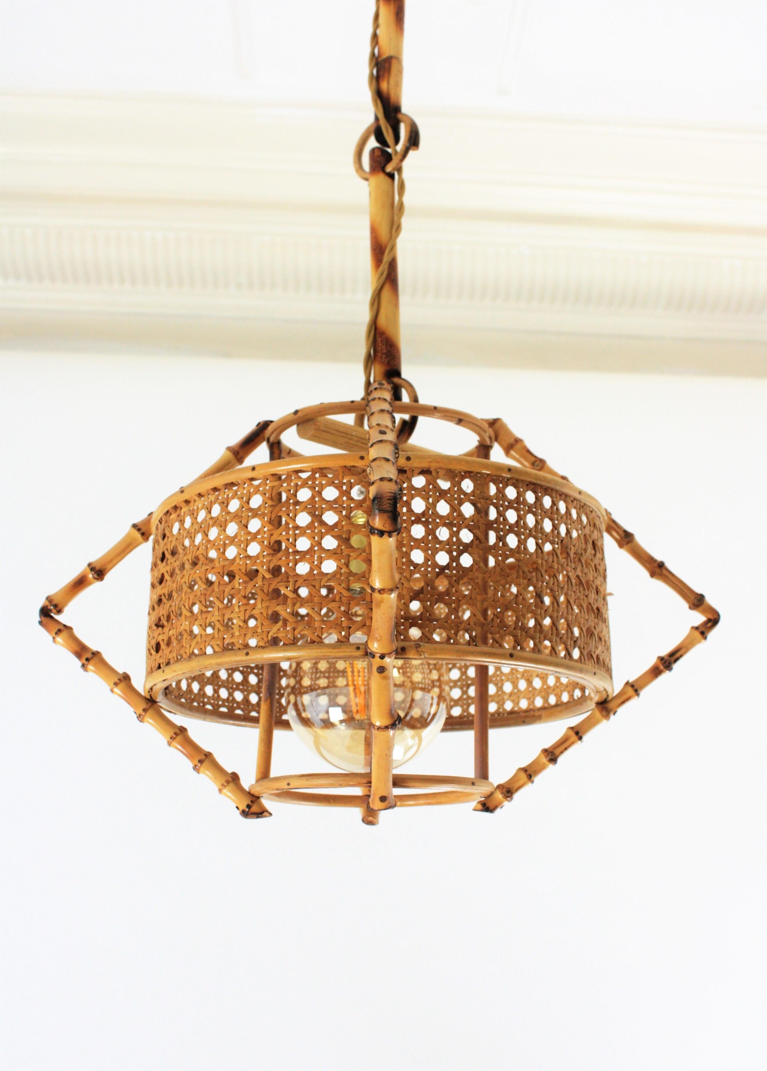 Hand-Crafted Spanish Mid-Century Modern Bamboo Rattan & Wicker Pendant Lamp with Tiki Accents