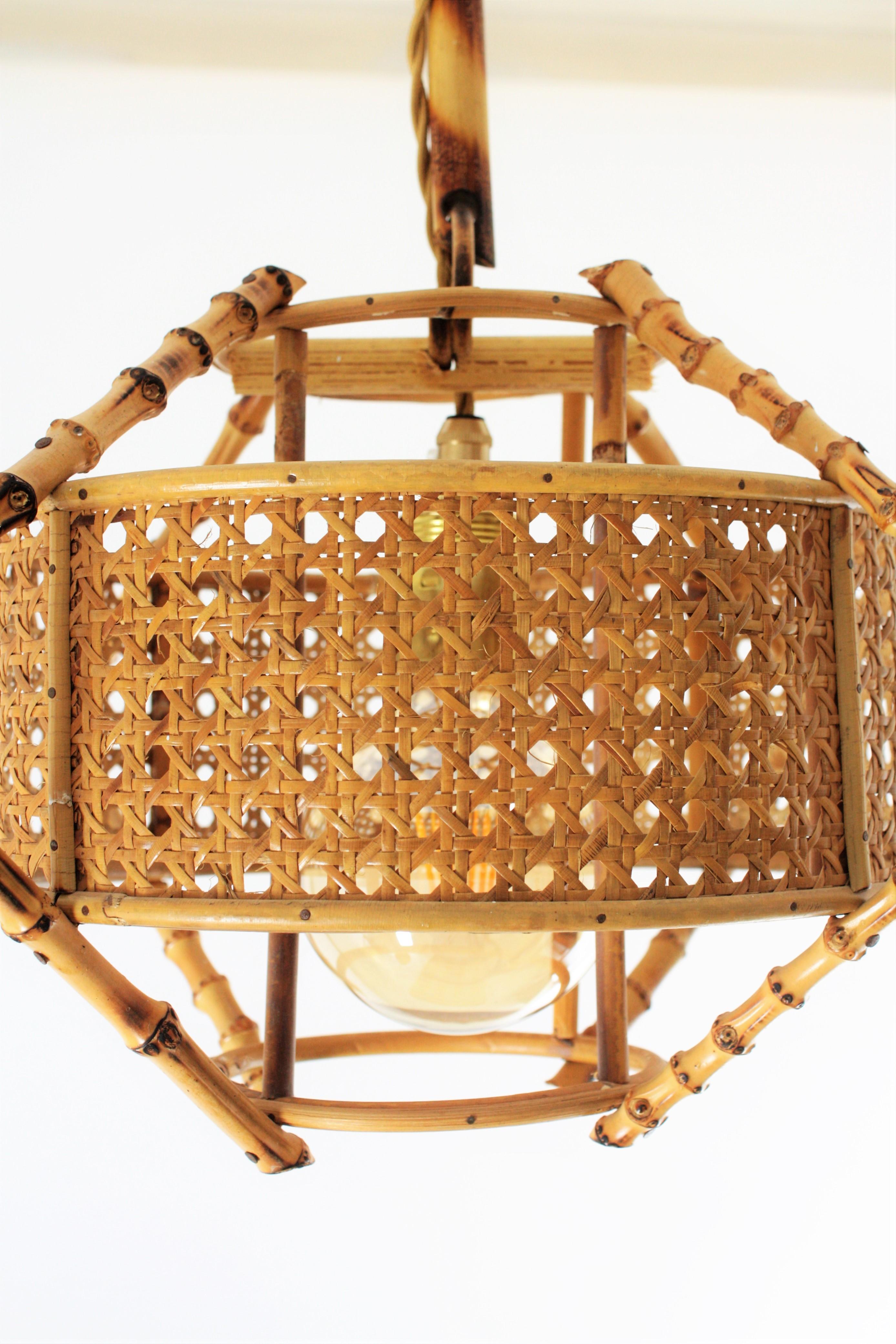 20th Century Spanish Mid-Century Modern Bamboo Rattan & Wicker Pendant Lamp with Tiki Accents