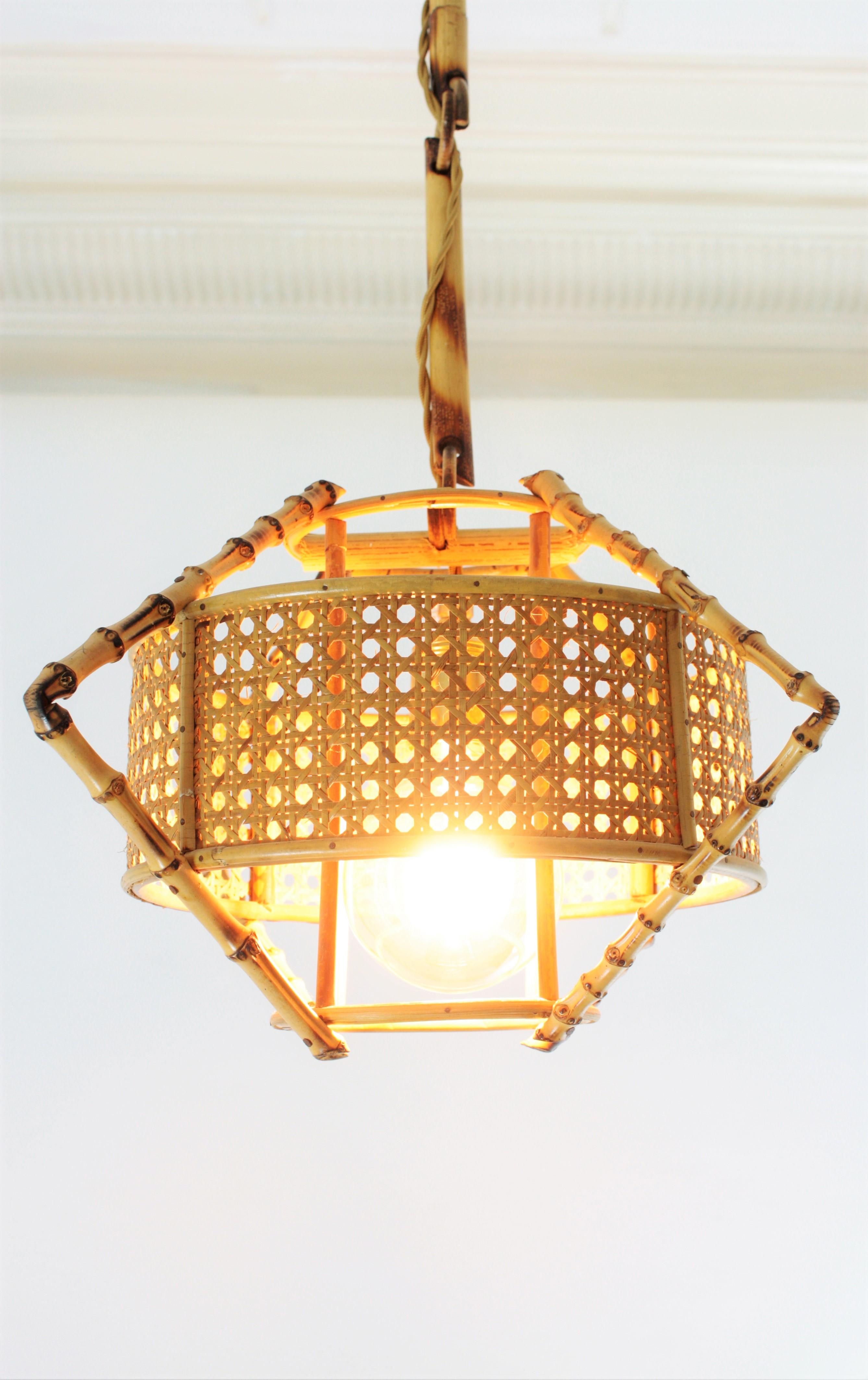 Spanish Mid-Century Modern Bamboo Rattan & Wicker Pendant Lamp with Tiki Accents 1