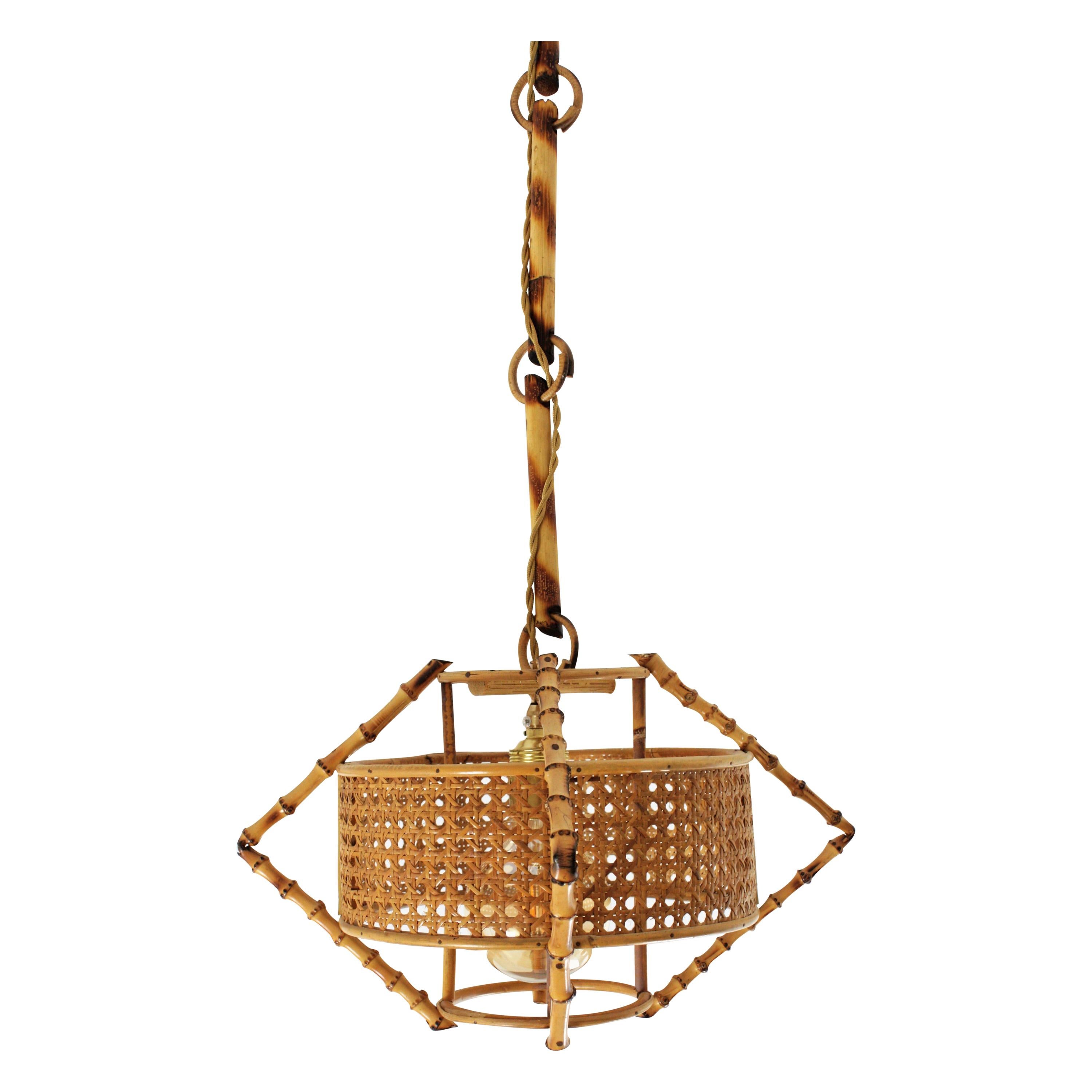 Spanish Mid-Century Modern Bamboo Rattan & Wicker Pendant Lamp with Tiki Accents