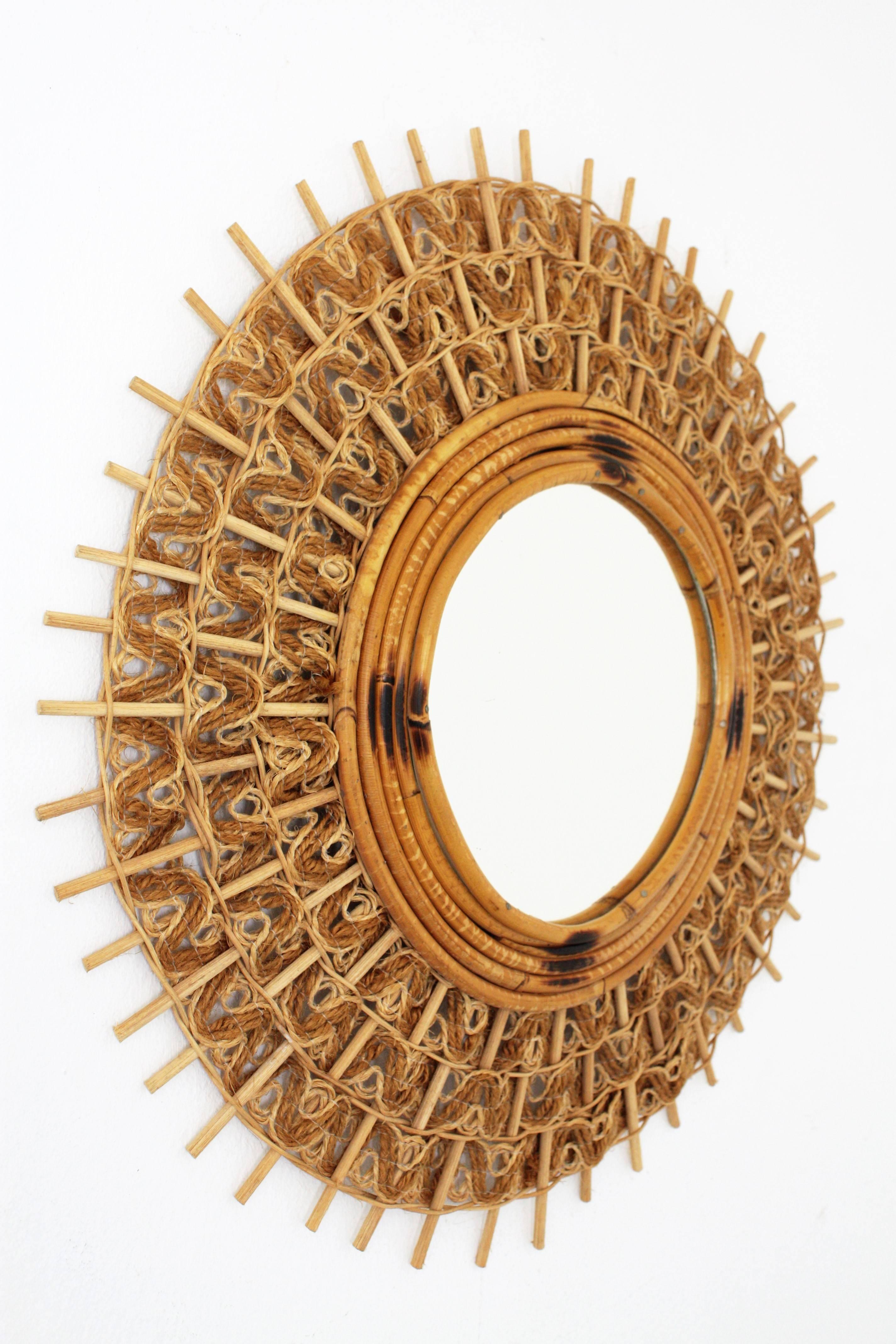 Hand-Crafted Spanish Mid-Century Modern Braided Jute and Rattan Sunburst Mirror, Spain, 1960s