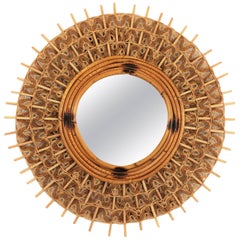 Spanish Mid-Century Modern Braided Jute and Rattan Sunburst Mirror, Spain, 1960s