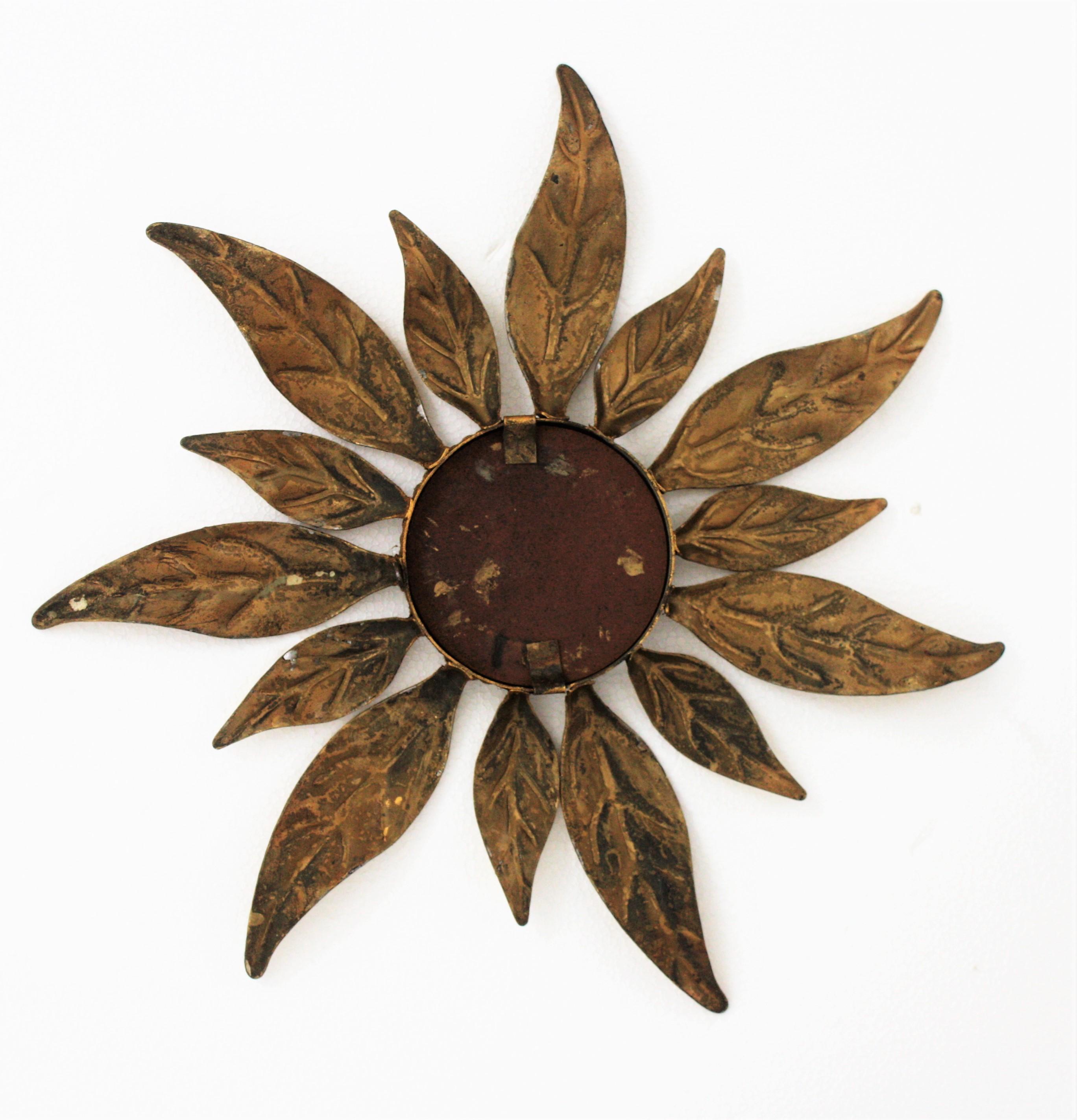 Spanish Mid-Century Modern Gilt Iron Leaf Design Mini Sized Sunburst Mirror 6