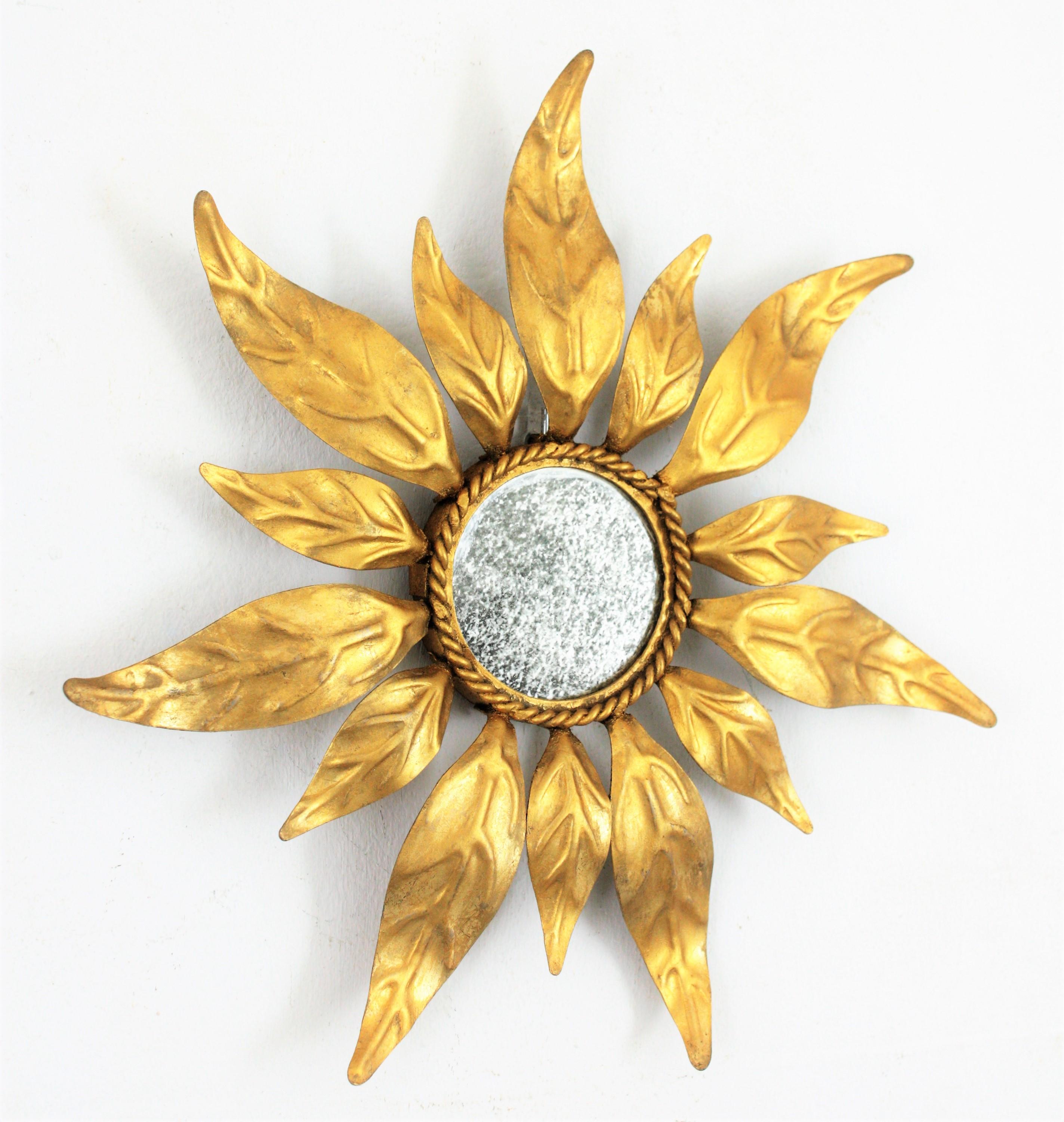 20th Century Spanish Mid-Century Modern Gilt Iron Leaf Design Mini Sized Sunburst Mirror