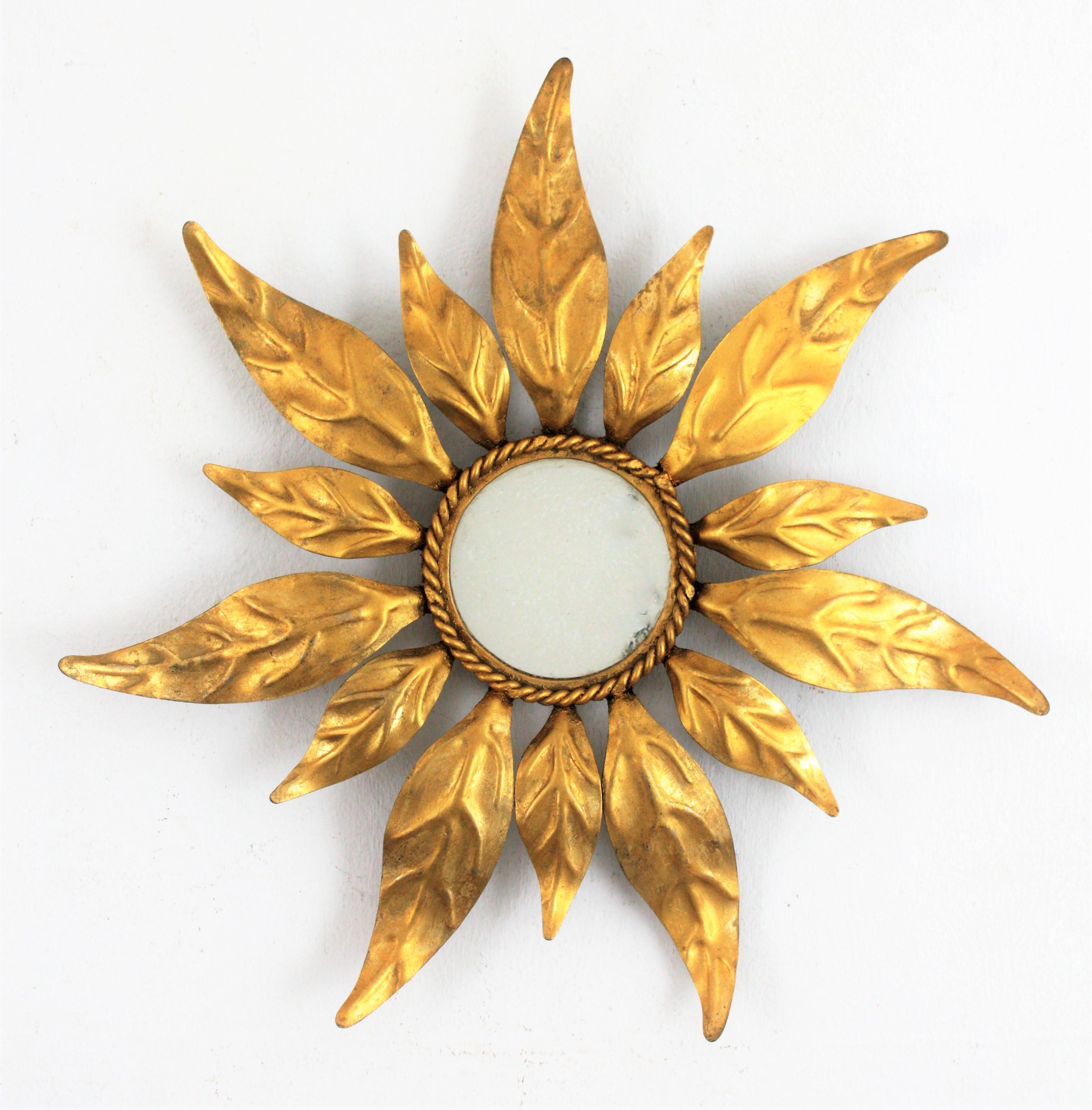 Spanish Mid-Century Modern Gilt Iron Leaf Design Mini Sized Sunburst Mirror 1