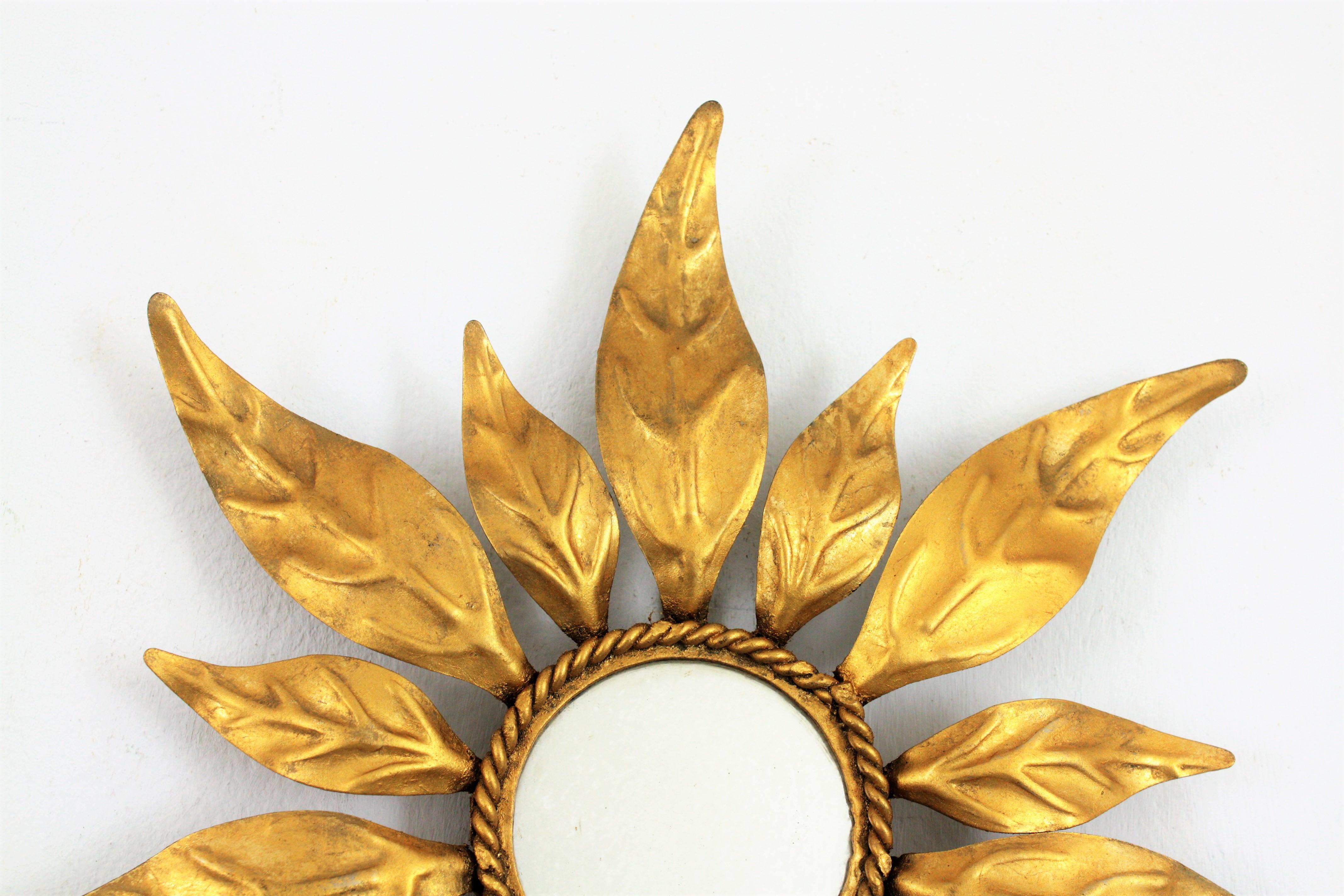 Spanish Mid-Century Modern Gilt Iron Leaf Design Mini Sized Sunburst Mirror 2