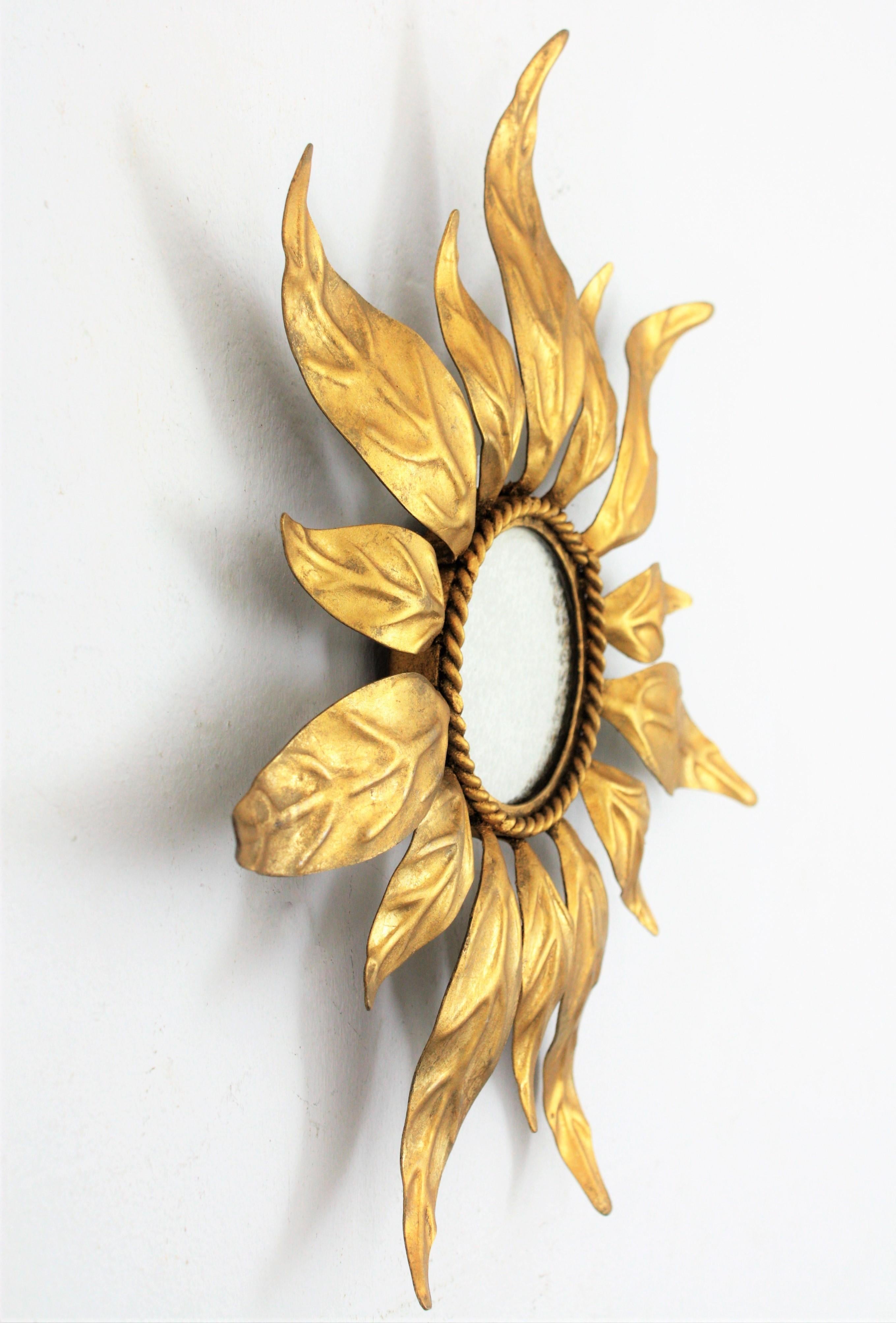 Spanish Mid-Century Modern Gilt Iron Leaf Design Mini Sized Sunburst Mirror 4