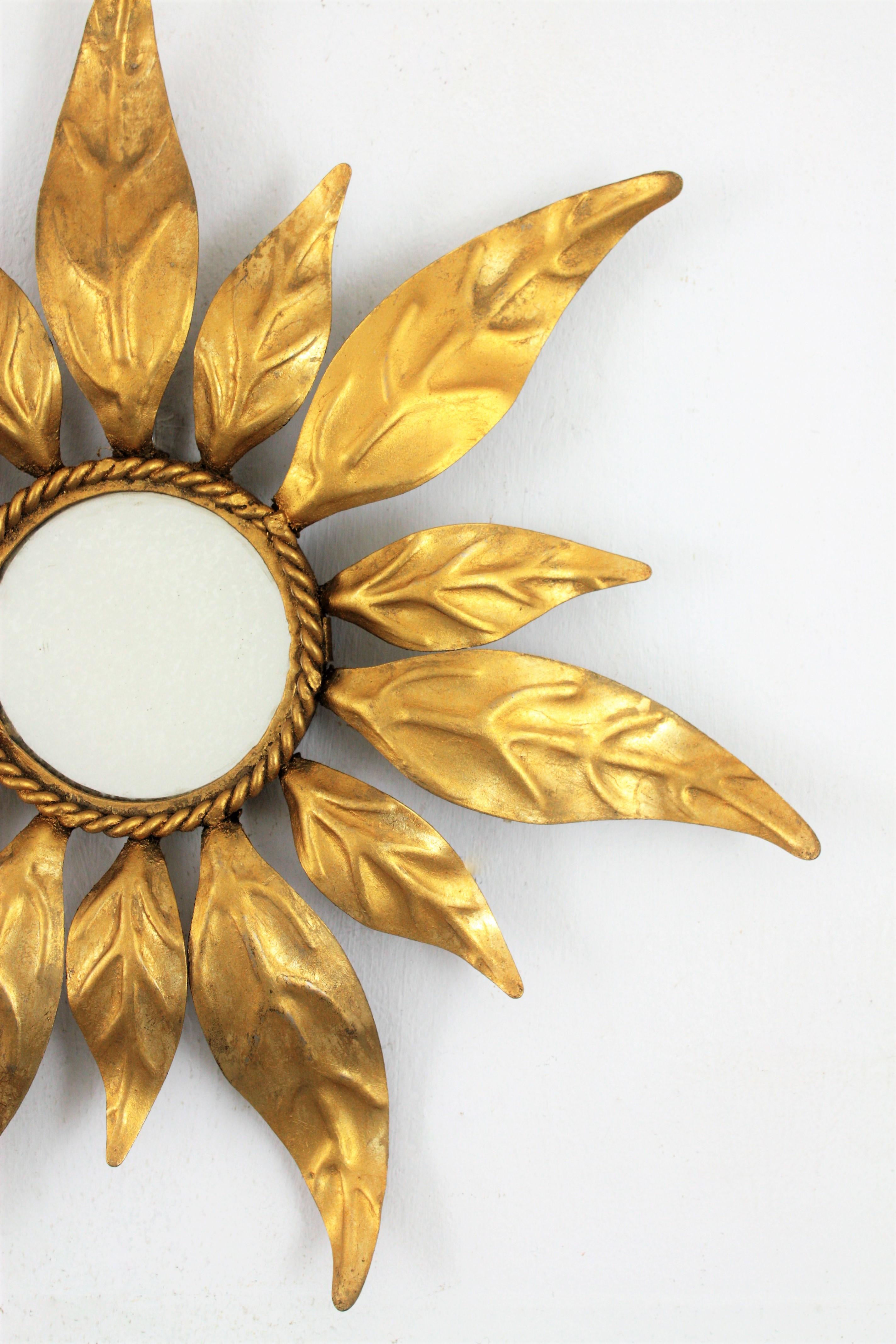 Spanish Mid-Century Modern Gilt Iron Leaf Design Mini Sized Sunburst Mirror 5