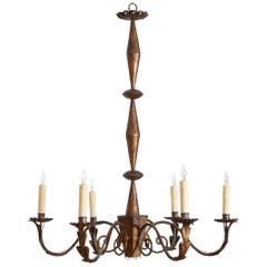 Spanish Mid-Century Modern Gilt Metal 6-Light Chandelier, UL Wired