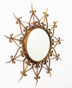 Spanish Mid-Century Modern Ornamented Gilt Metal Convex Sunburst Mirror