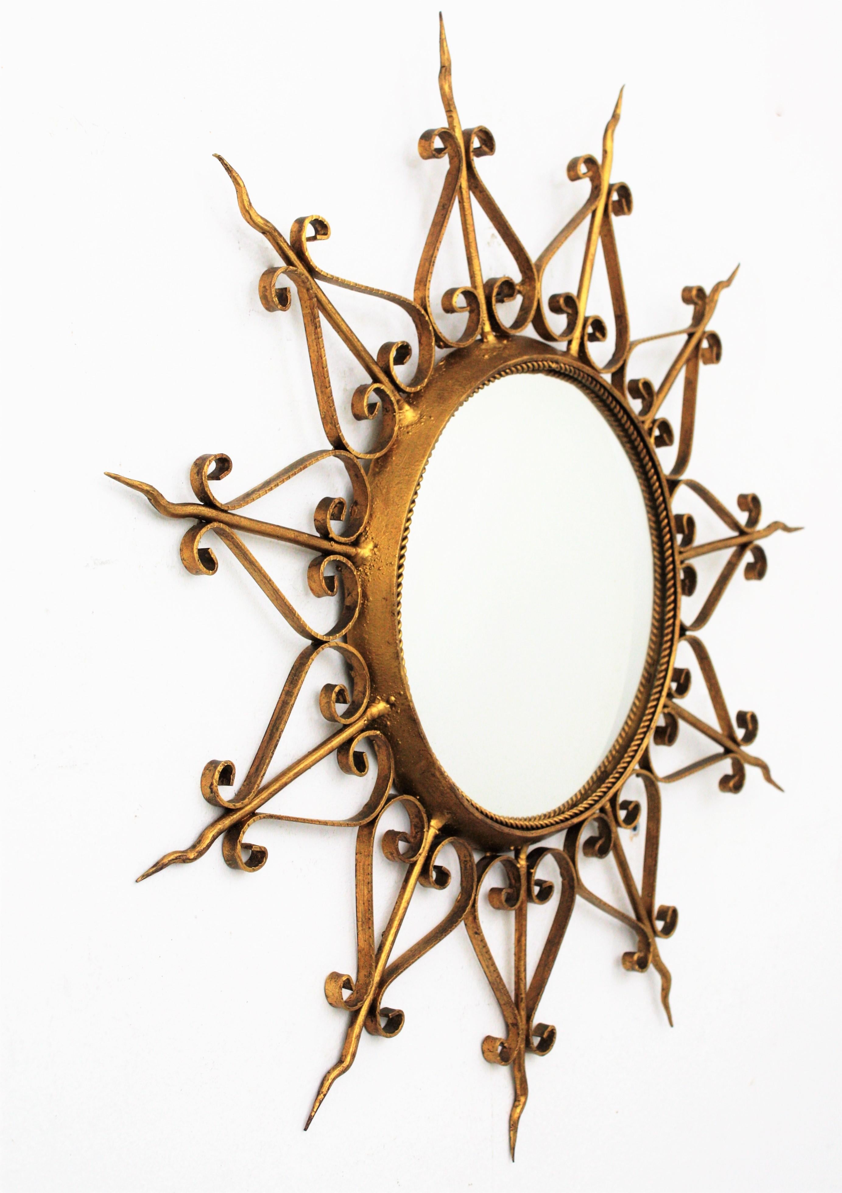 20th Century Spanish Mid-Century Modern Ornamented Gilt Metal Convex Sunburst Mirror