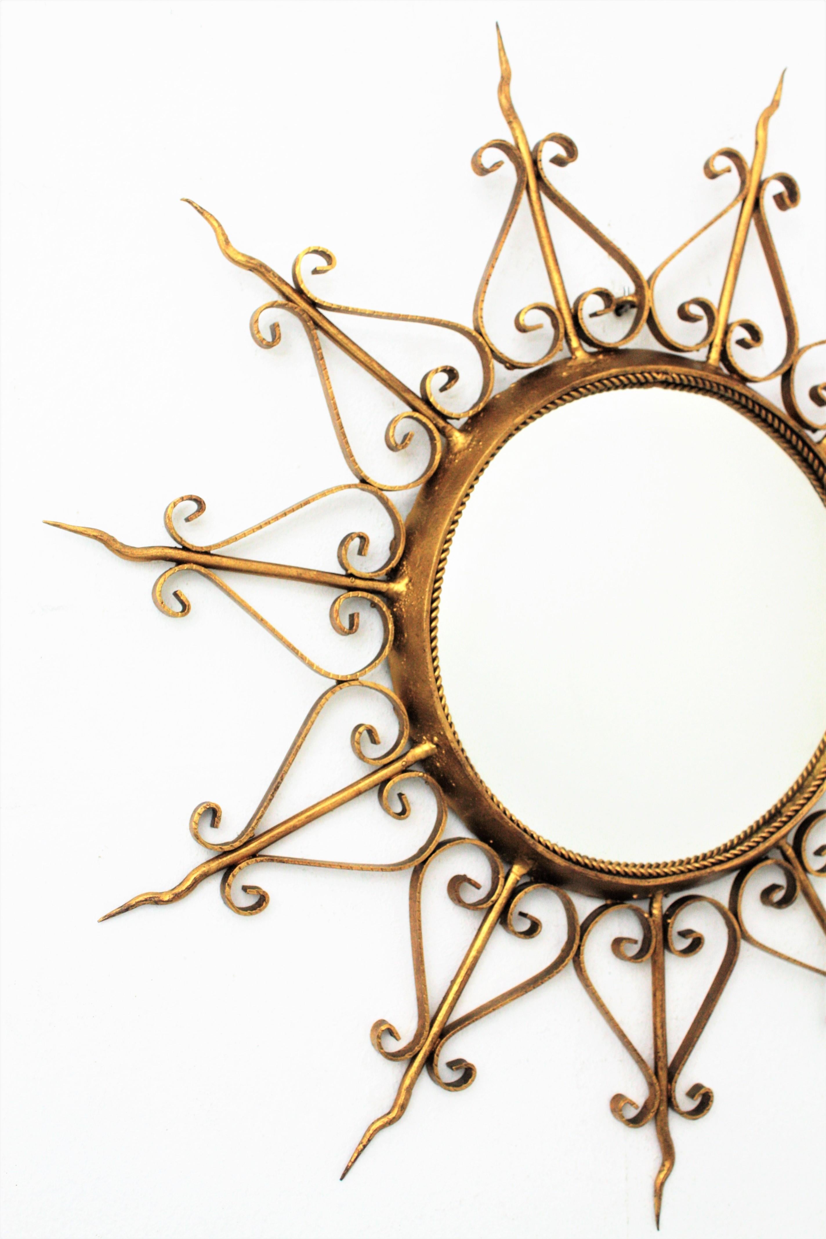 Spanish Mid-Century Modern Ornamented Gilt Metal Convex Sunburst Mirror 1