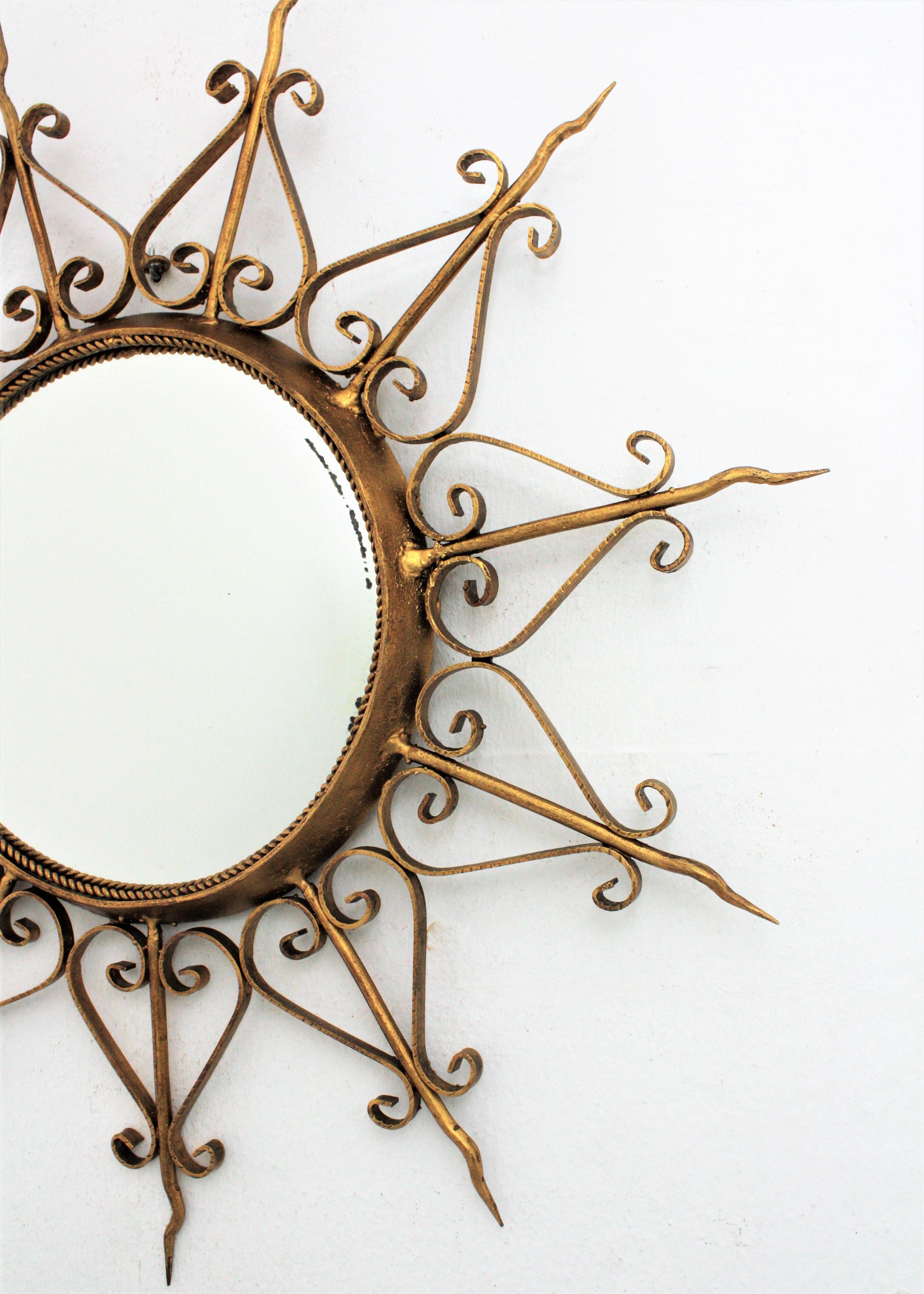 Spanish Mid-Century Modern Ornamented Gilt Metal Convex Sunburst Mirror 2