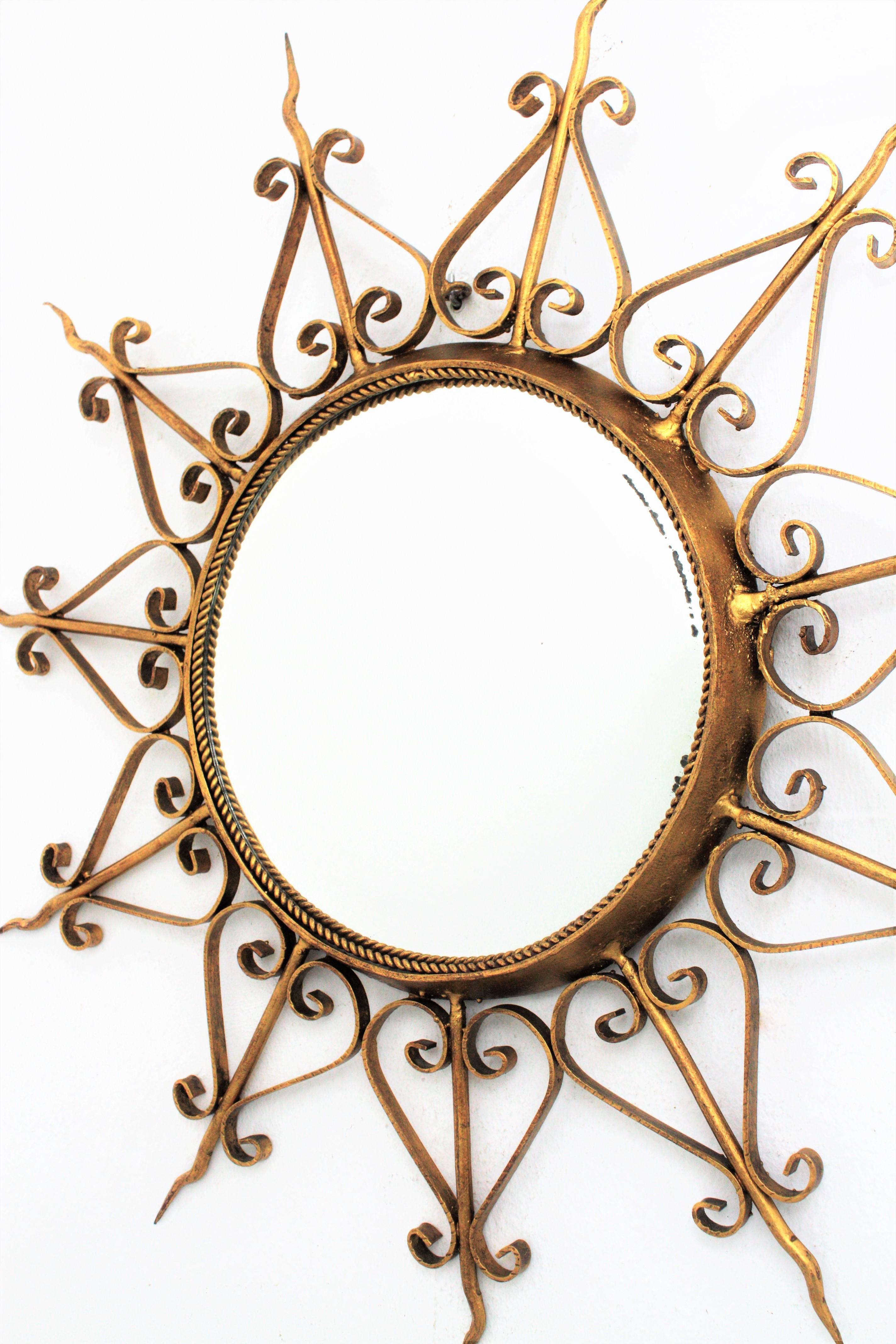 Spanish Mid-Century Modern Ornamented Gilt Metal Convex Sunburst Mirror 3