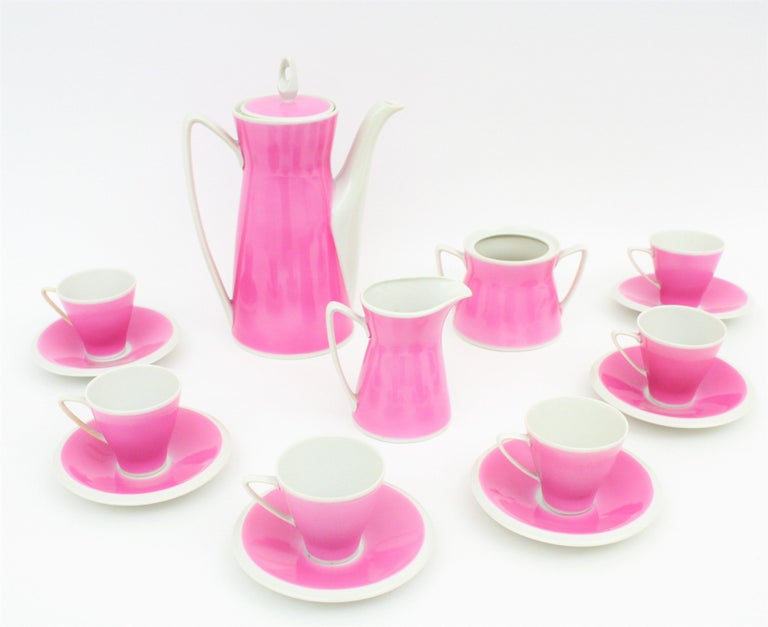 Spanish MidCentury Modern Pink and White Porcelain Coffee Tea Set by