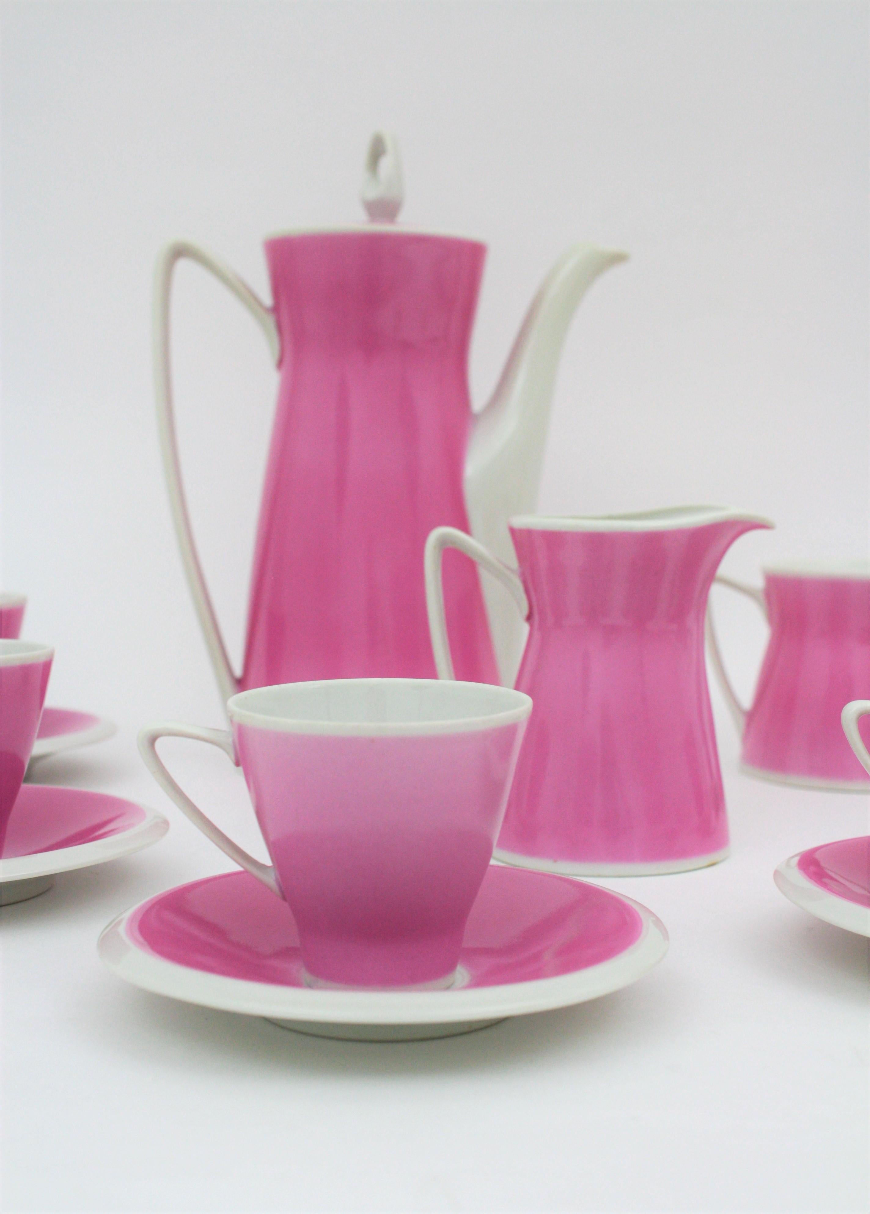Glazed Spanish Mid-Century Modern Pink & White Porcelain Coffee Tea Set by Santa Clara
