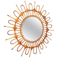 Spanish Mid-Century Modern Wicker Rattan Sunburst Mirror with Rhombus Details