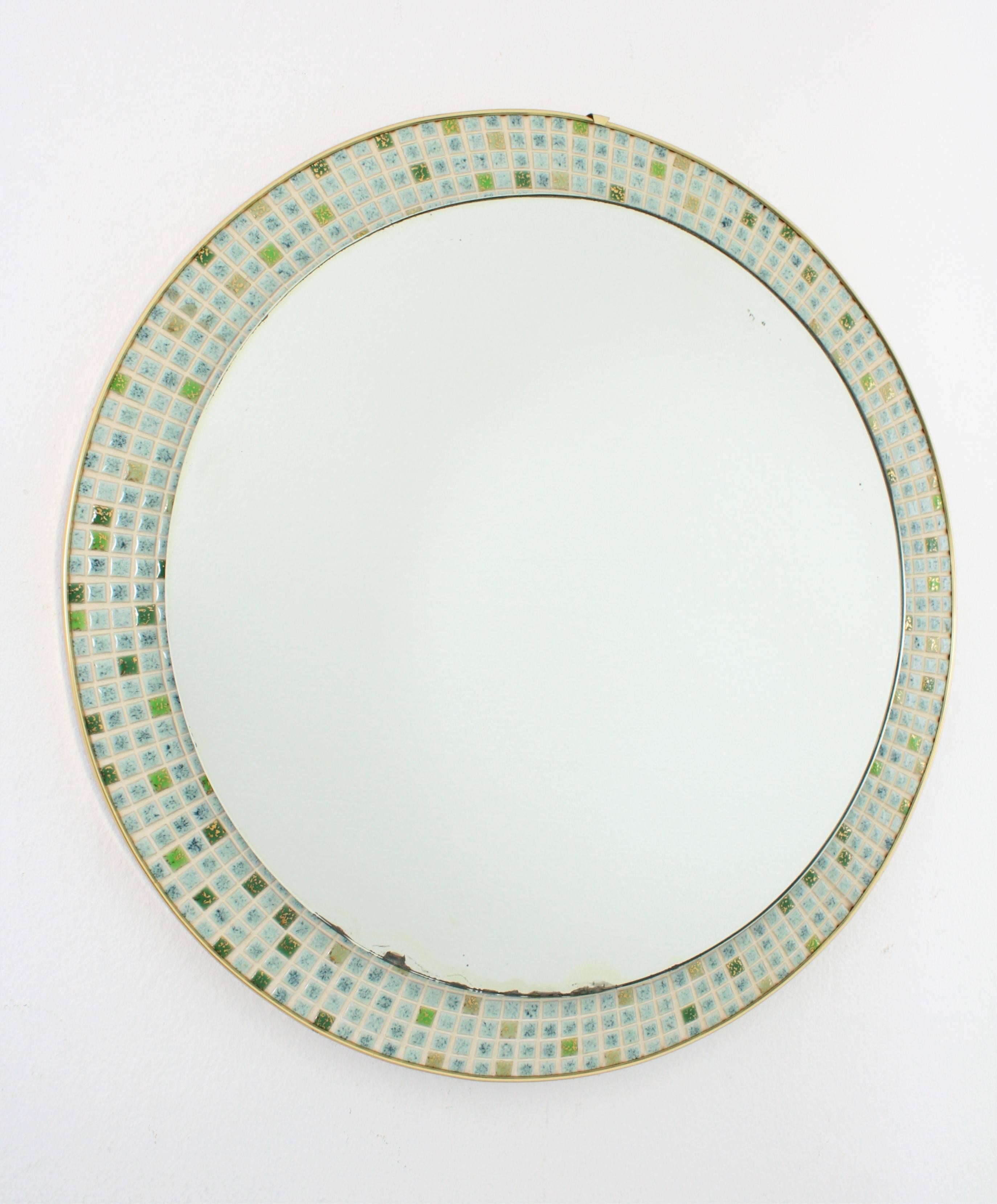 Gold Leaf Round Wall Mirror with Ceramic Tiles Mosaic Frame, Spain, 1960s For Sale