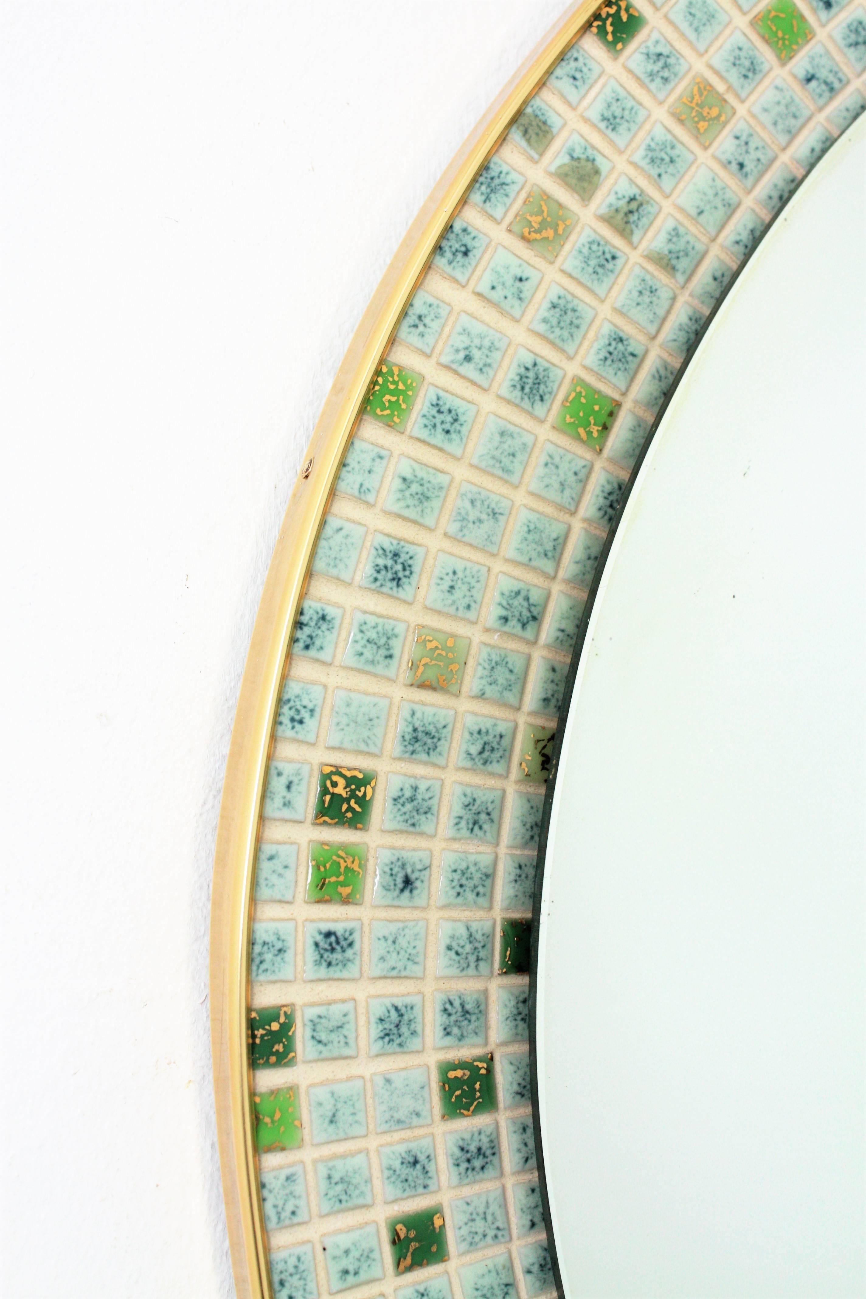 Round Wall Mirror with Ceramic Tiles Mosaic Frame, Spain, 1960s For Sale 1