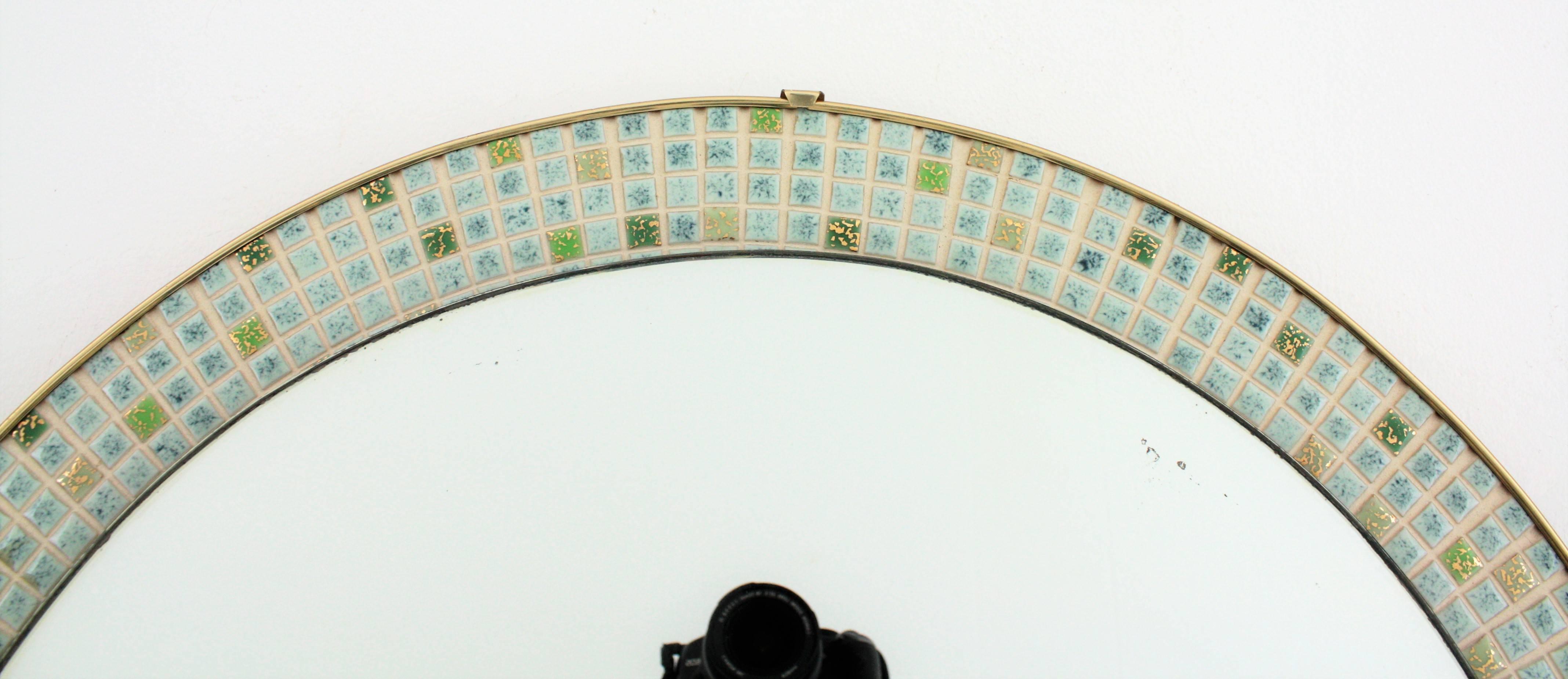 Spanish Round Wall Mirror with Ceramic Tiles Mosaic Frame, Spain, 1960s For Sale