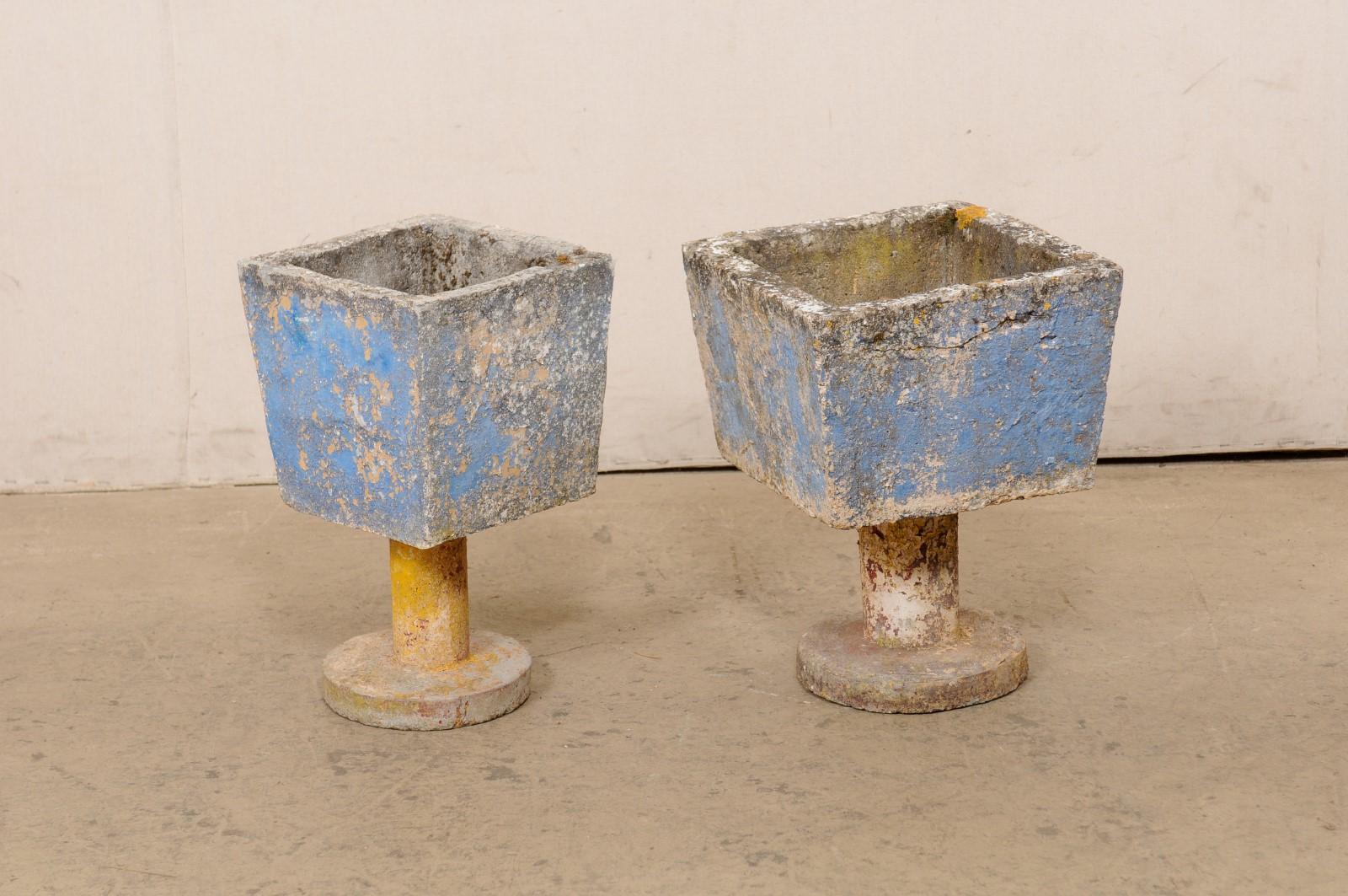 Spanish Mid-Century Pair Whimsical Planters on Pedestals w/Old Paint Remnants For Sale 5