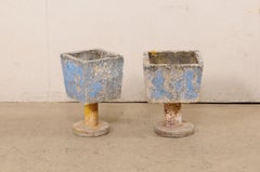 Spanish Mid-Century Pair Whimsical Planters on Pedestals w/Old Paint Remnants