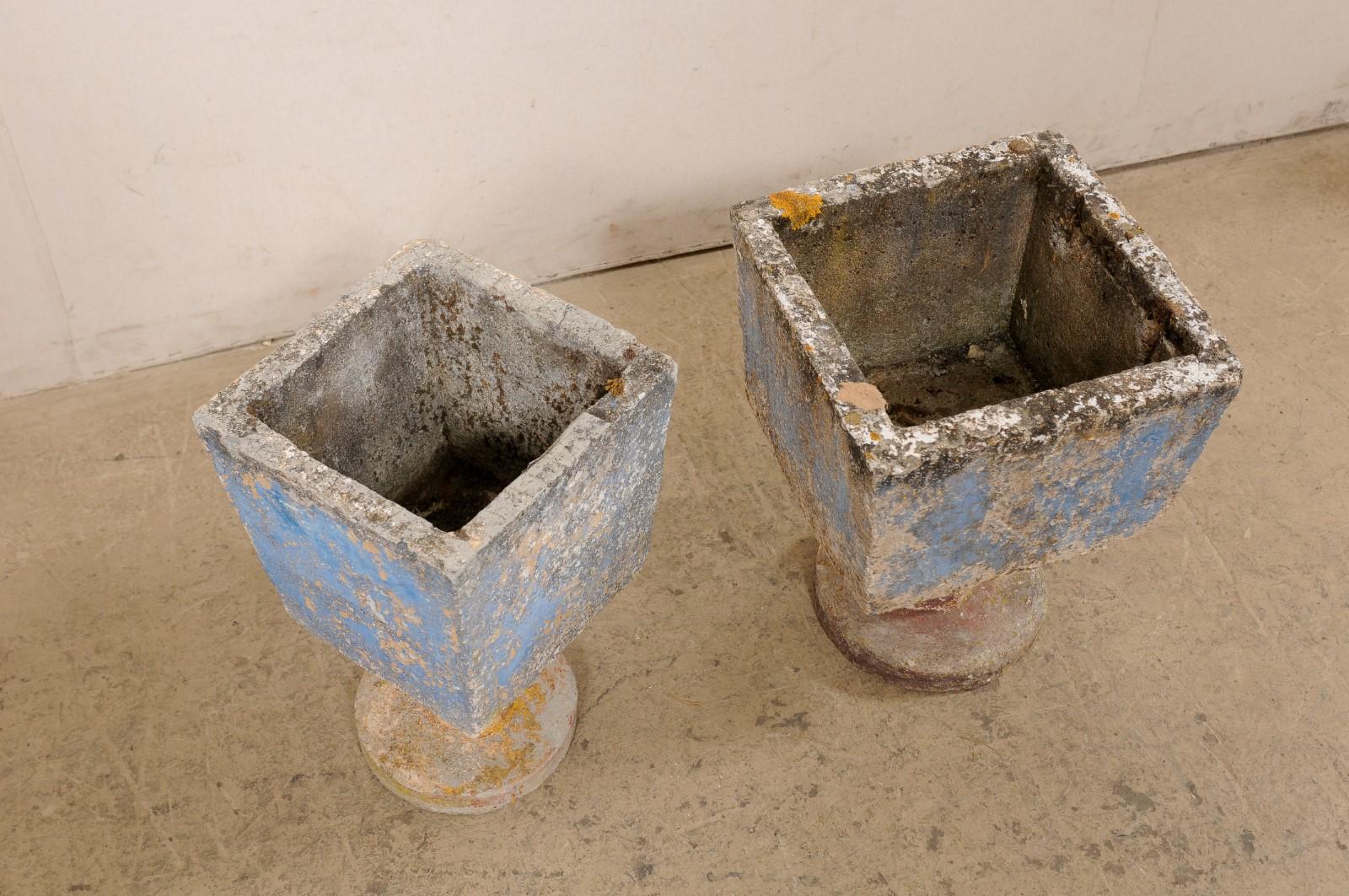 Spanish Mid-Century Pair Whimsical Planters on Pedestals w/Old Paint Remnants In Good Condition For Sale In Atlanta, GA