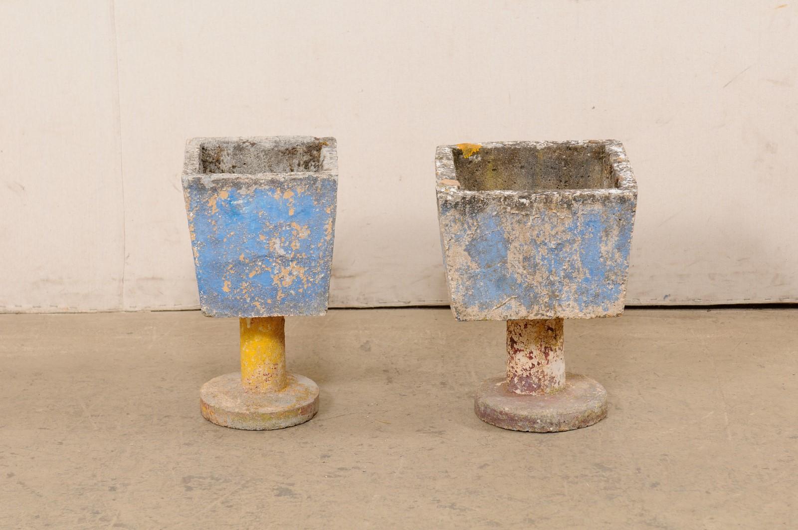 20th Century Spanish Mid-Century Pair Whimsical Planters on Pedestals w/Old Paint Remnants For Sale