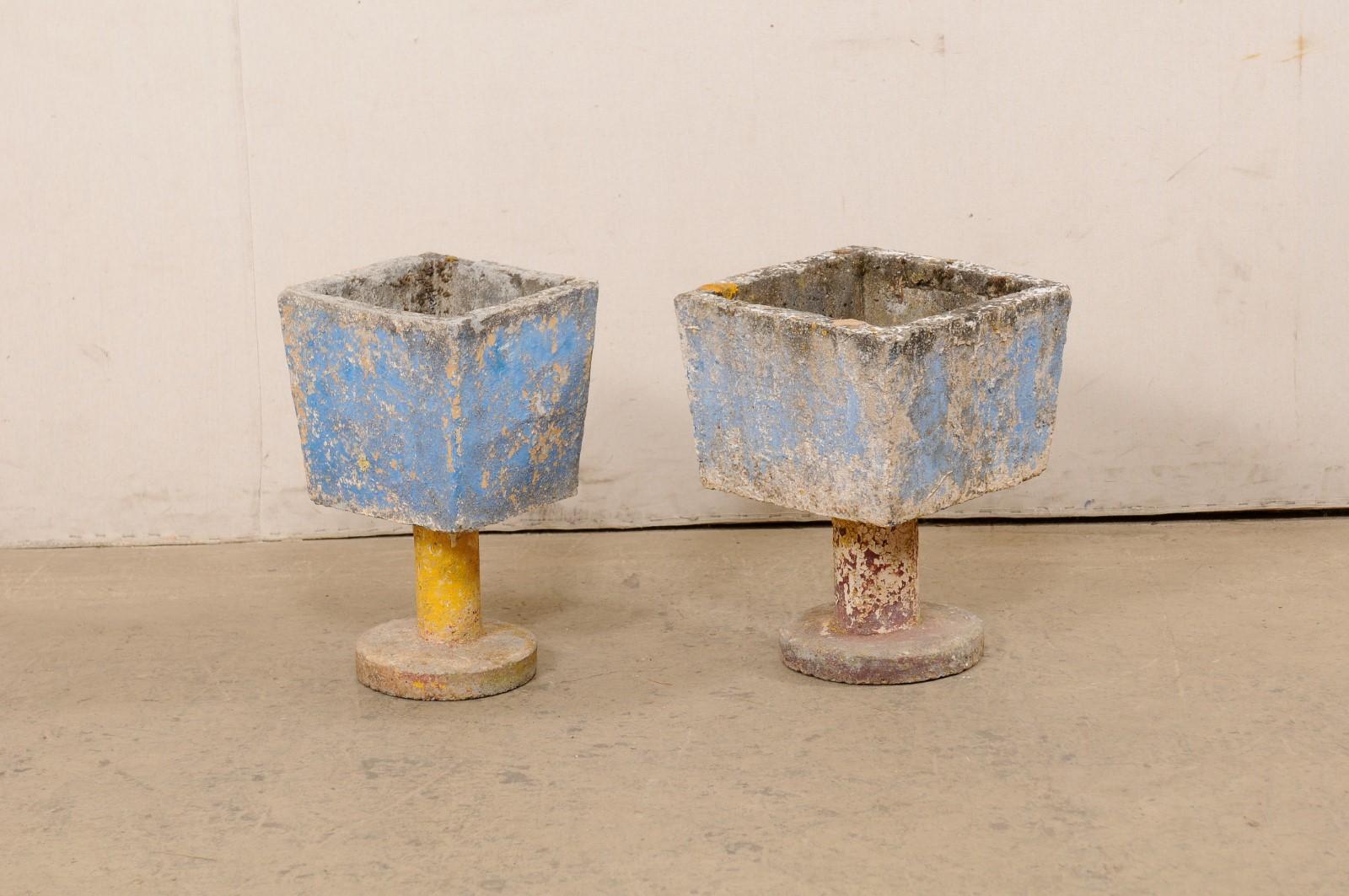 Cast Stone Spanish Mid-Century Pair Whimsical Planters on Pedestals w/Old Paint Remnants For Sale